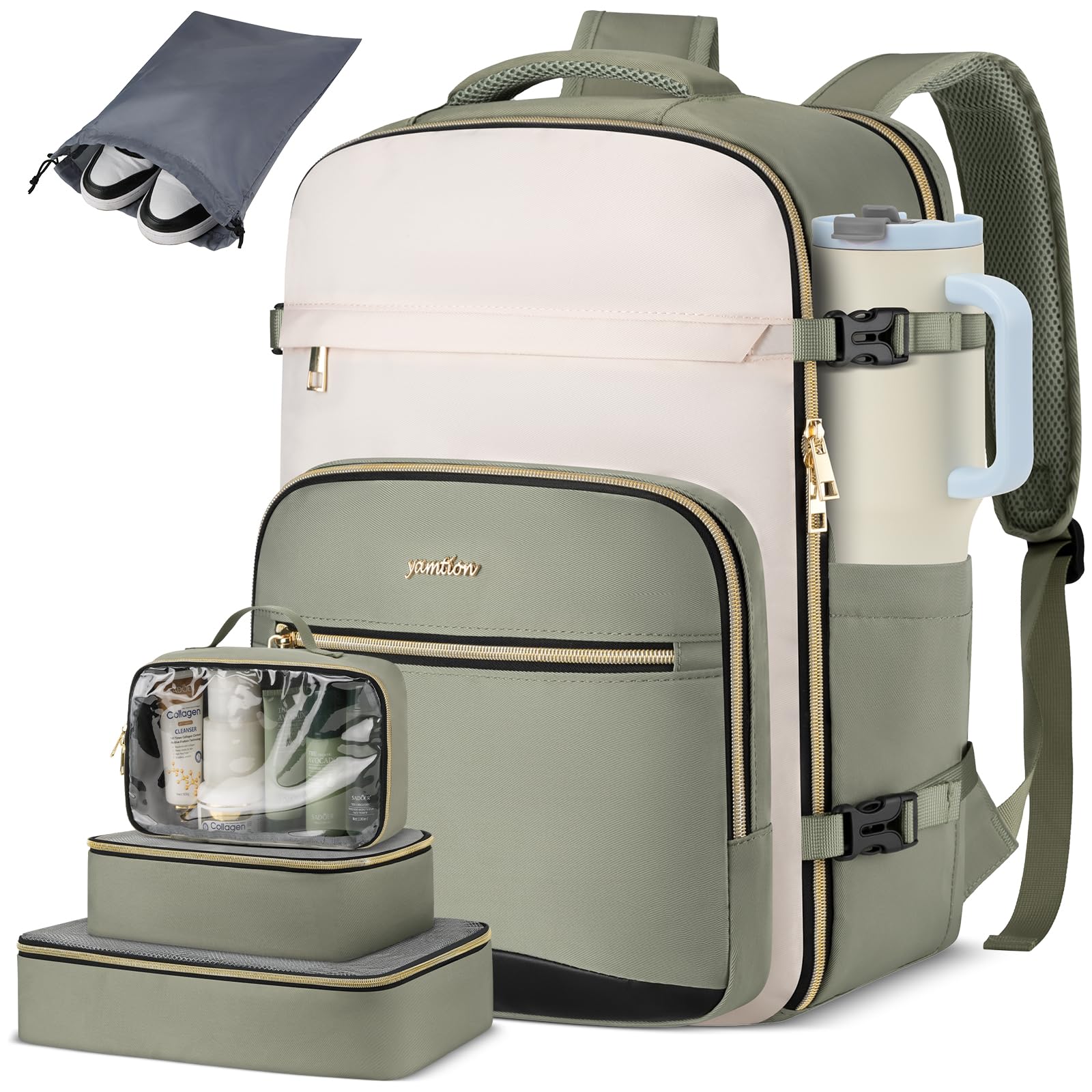 YAMTION Sac à dos de voyage cabine femme Vert avec 4 cubes de rangement, sac de week-end adapté aux vols, idéal pour les affaires, la randonnée, le travail, l'école et les études