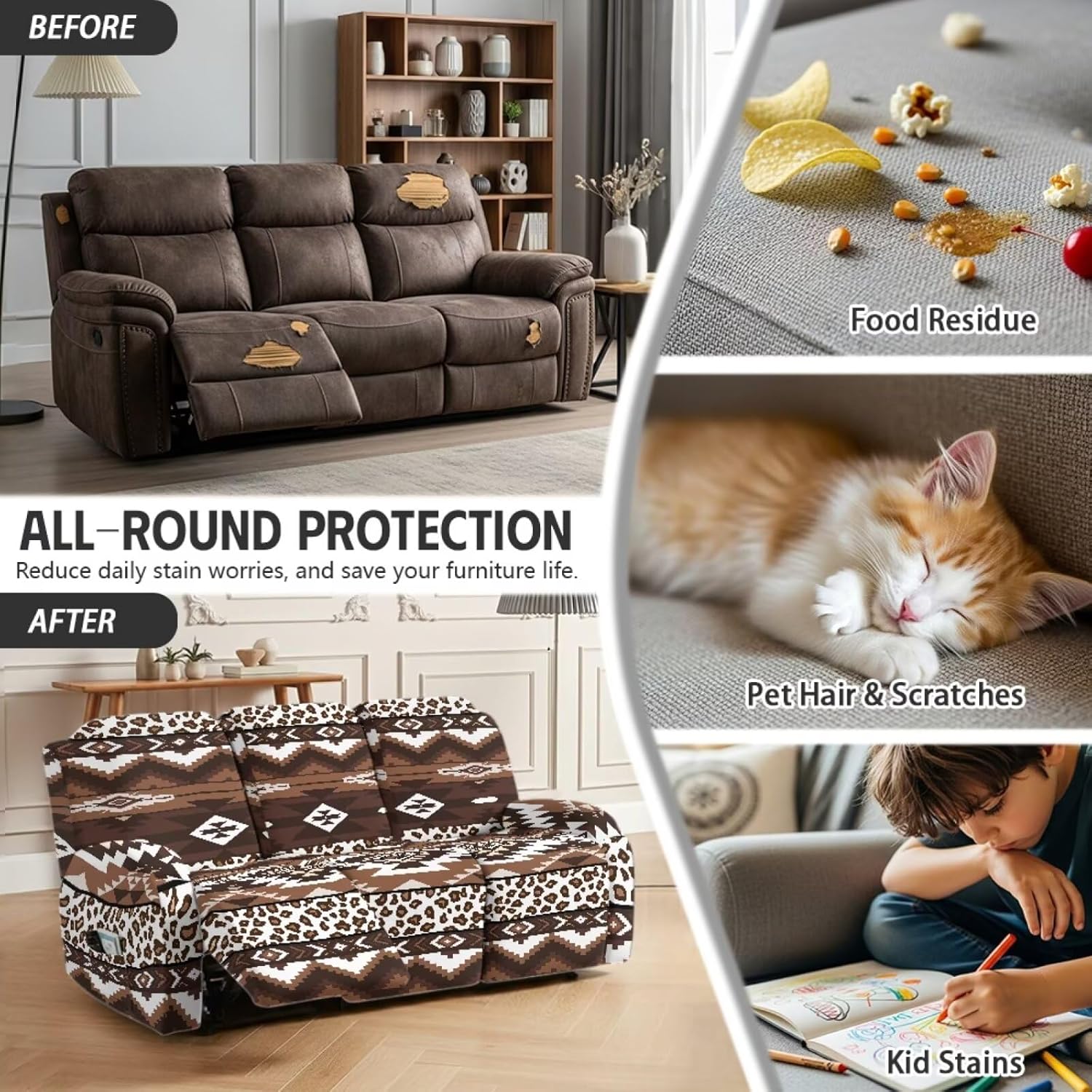Brown Aztec Tribal Leopard Print Non-Slip Recliner Couch Cover for 3 Seater Sofa Covers Washable Furniture Protector Slipcovers Anti-Dust 8 Pcs Set Home Decor
