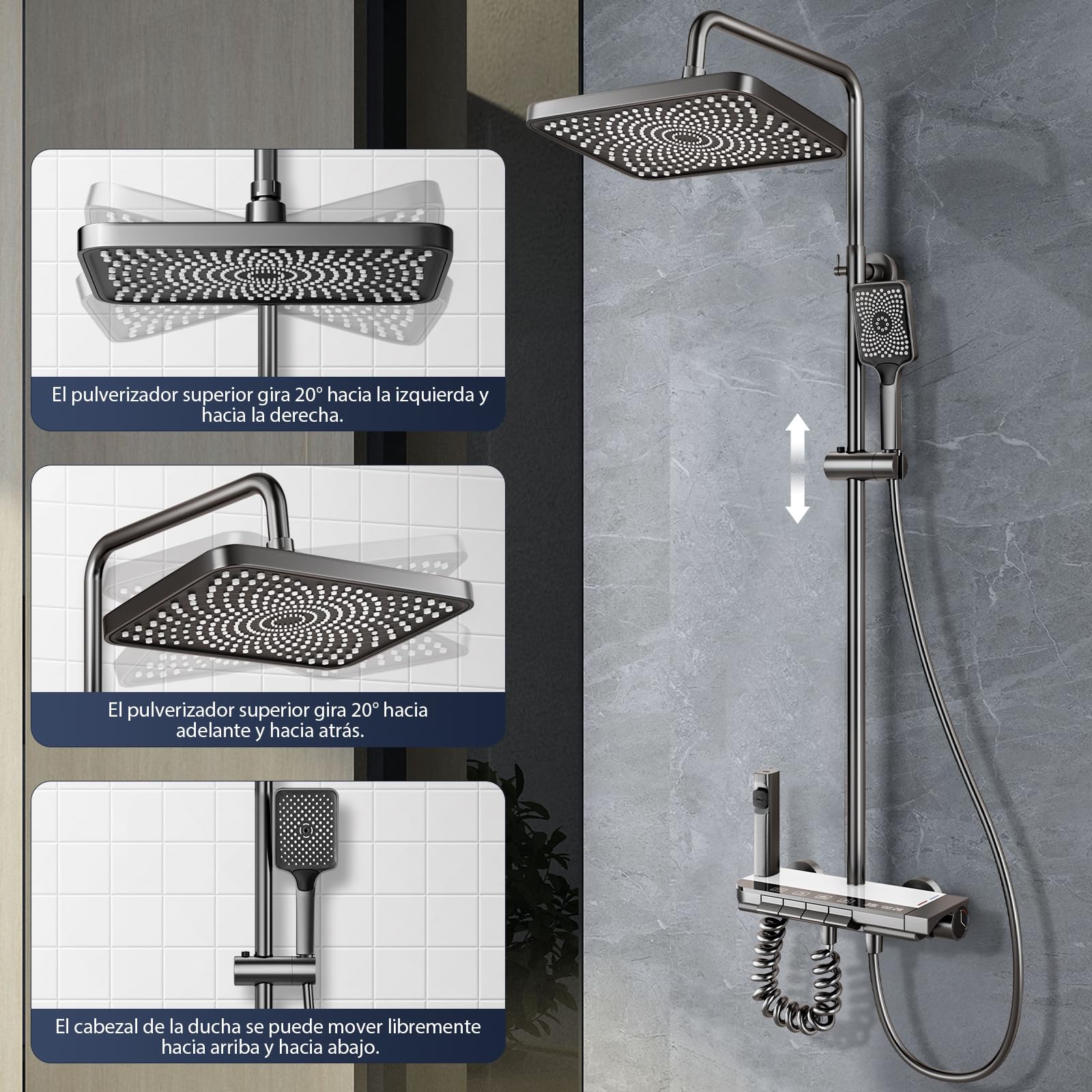 Columna de Ducha Termostatica con Pantalla Digital LED, Cabezal de Ducha XL estilo Lluvia, Ducha de Mano, Rociador auxiliar y Grifo Cascada – Acero Inoxidable - Baño de Lujo y Confort