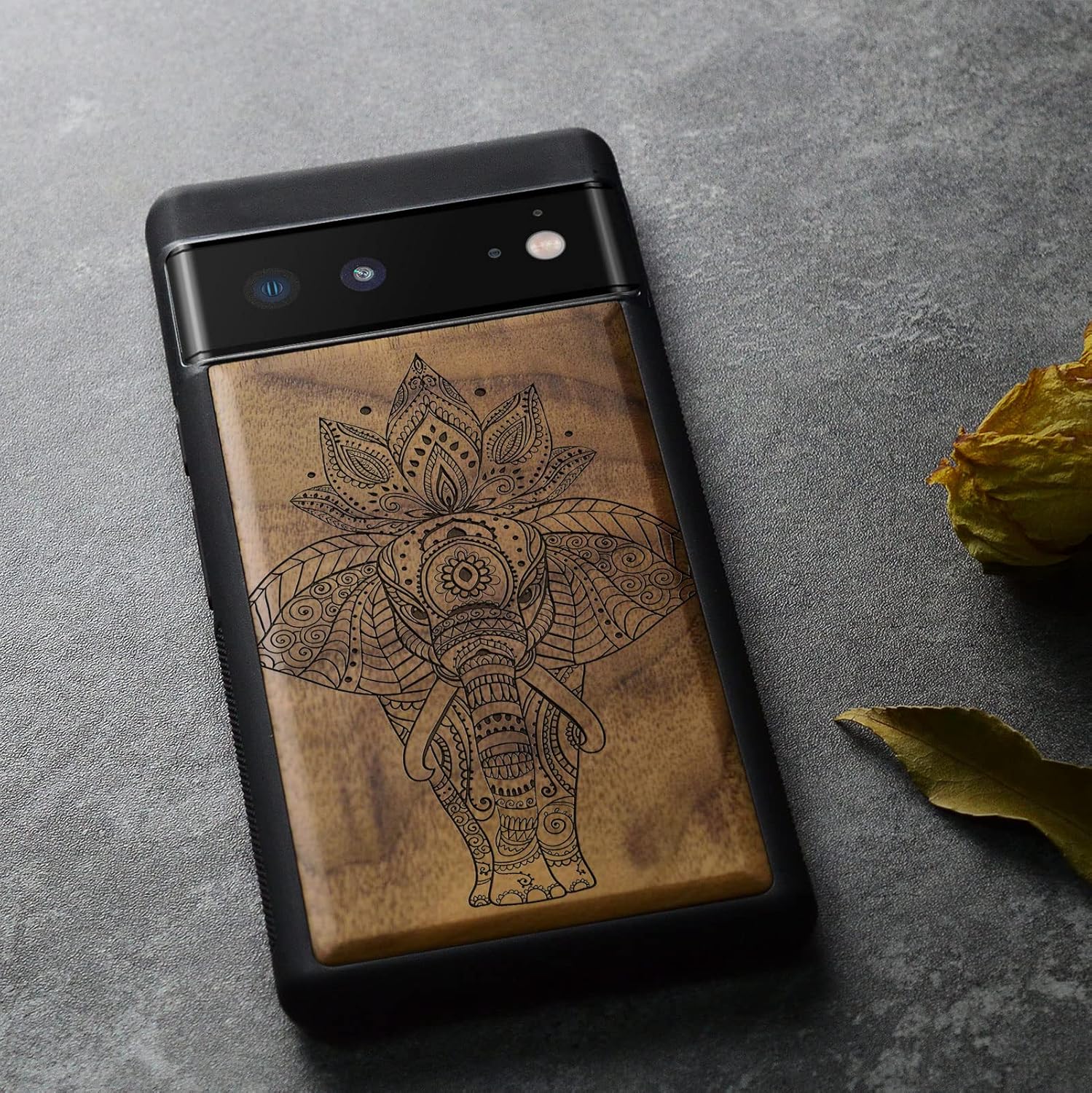 Carveit Wood Case for Pixel 6 Case [Natural Wood & Black Soft TPU] Shockproof Protective Unique Wooden Cover Compatible with Google Pixel 6 (African Tribal Elephant-Walnut)