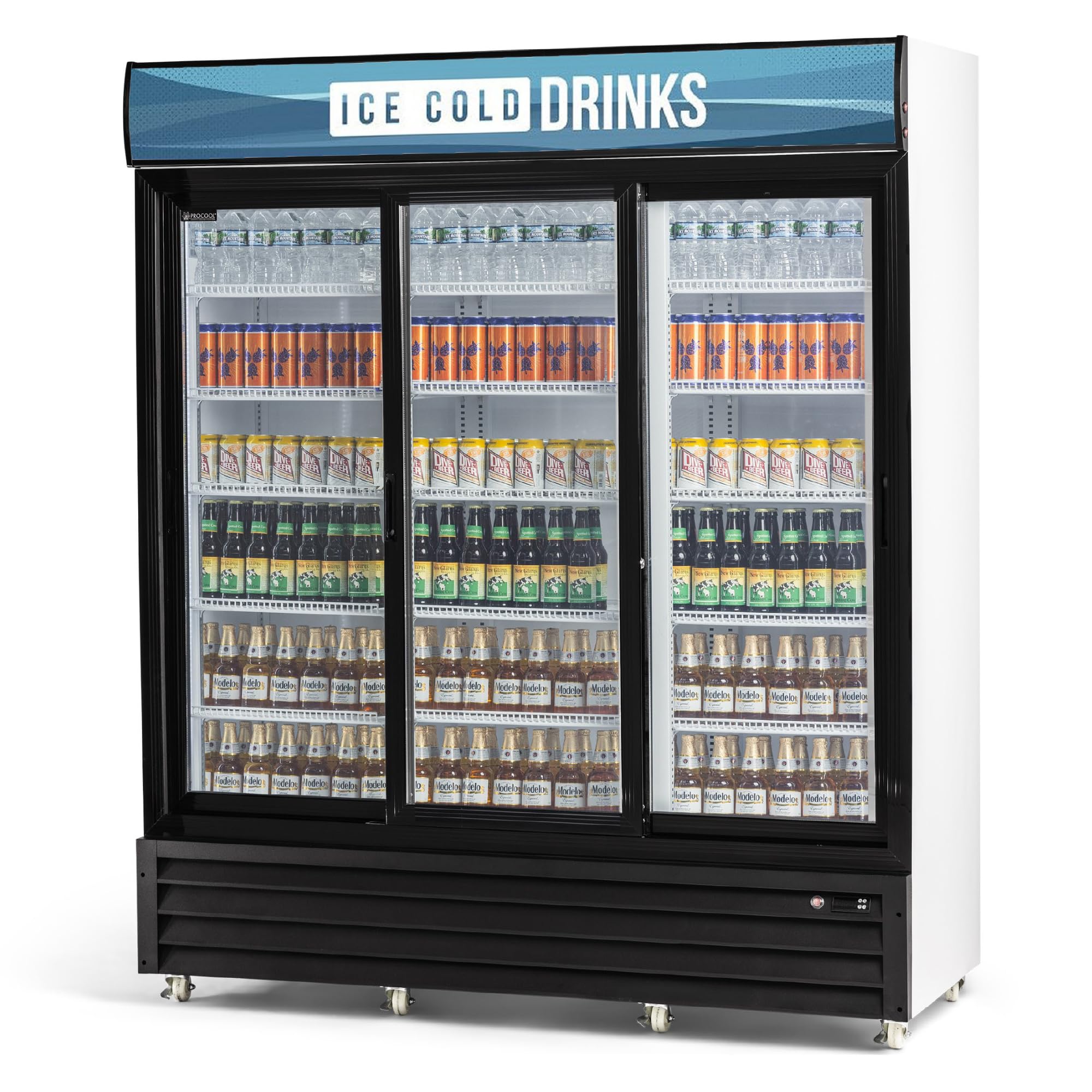 Procool White Sliding 3-Door Display Fridge, 53 CuFt, Ice Cold Drinks Sign