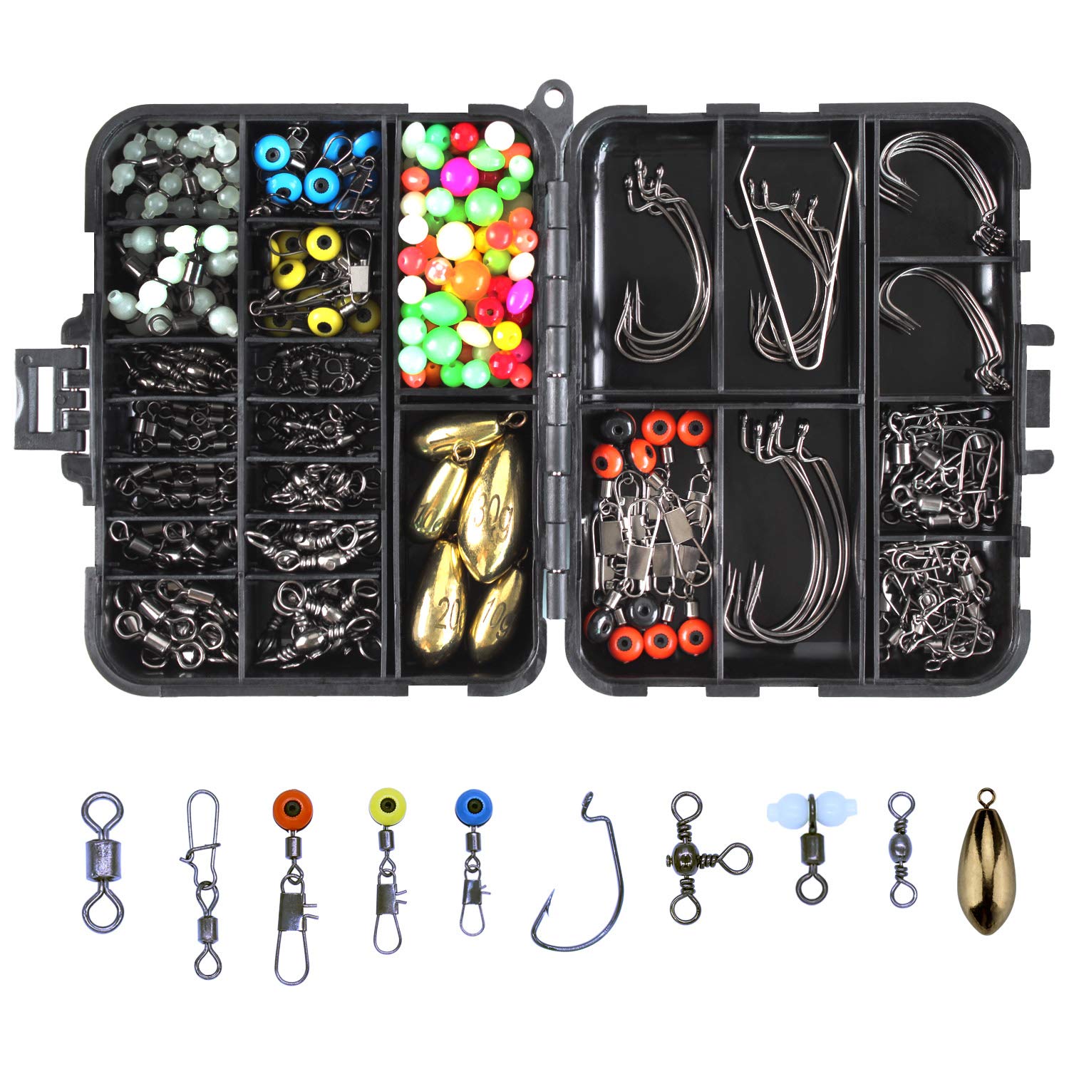 OKVGO 225pcs Sea Fishing Tackle Box Kit Set with Multiple Accessories of Jig Hooks, Sinker Weights, Different Fishing Swivels Snaps, Sinker Slides, Fishing Line Beads