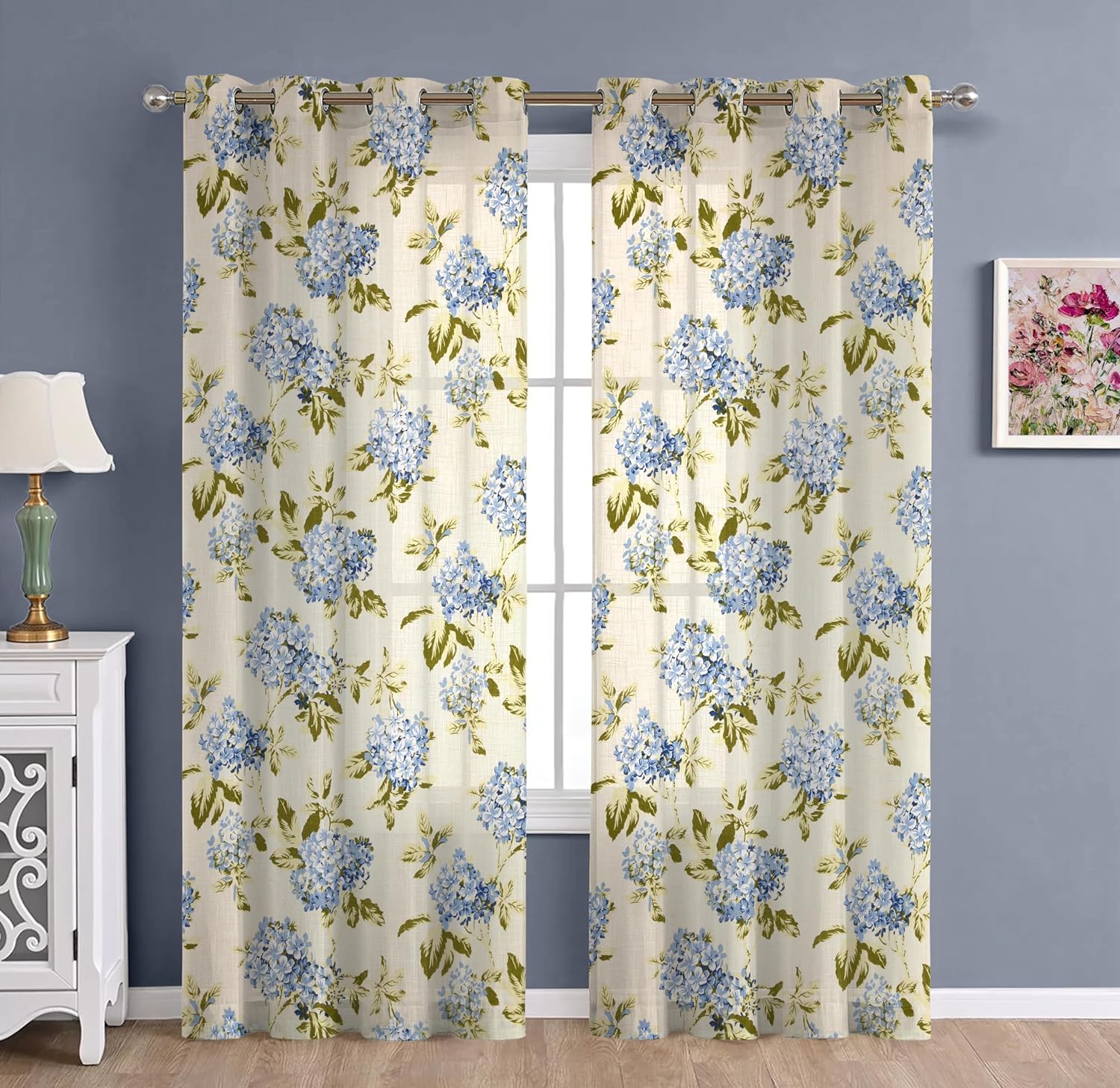 THE LINEN COMPANY Cotton Linen Long Door, Home Dcor Curtain Set of 2 Pcs with Steel Eyelet Rings - 4.5 x 10 Feet (Set of 2 - Floral Heaven Blue)