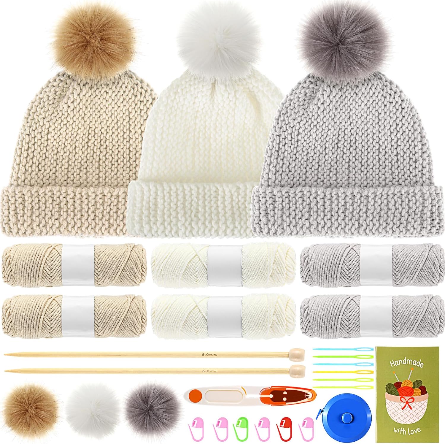 Syhood Knitting Kits for Beginners Adults Hat Knit Kit with Yarn, Bamboo Needles, Faux Pom Practical and Easy to Use Complete Beginners for Women and Men Lovely Present(White, Khaki White, Khaki)