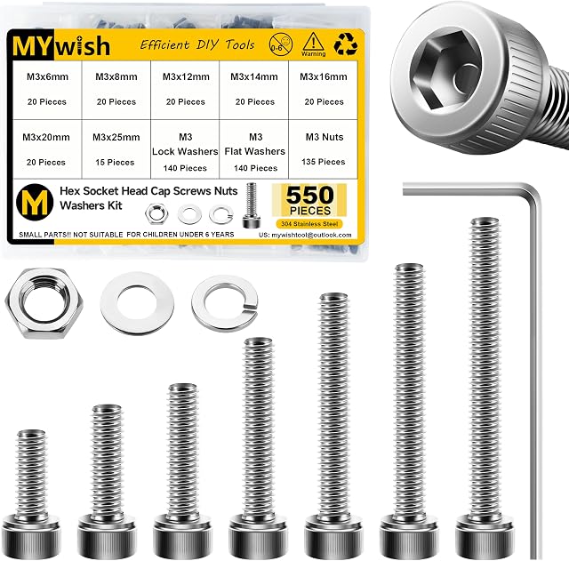 Mywish 550 Pcs M3 Kit d'assortiment pour vis et boulons, 304 Vis métriques à tête de socket en acier inoxydable, ressort & Lave-linge à serrure plate/Écrous/Échelles de sexe, DIN912 M3*6/8/12/14/16/20/25