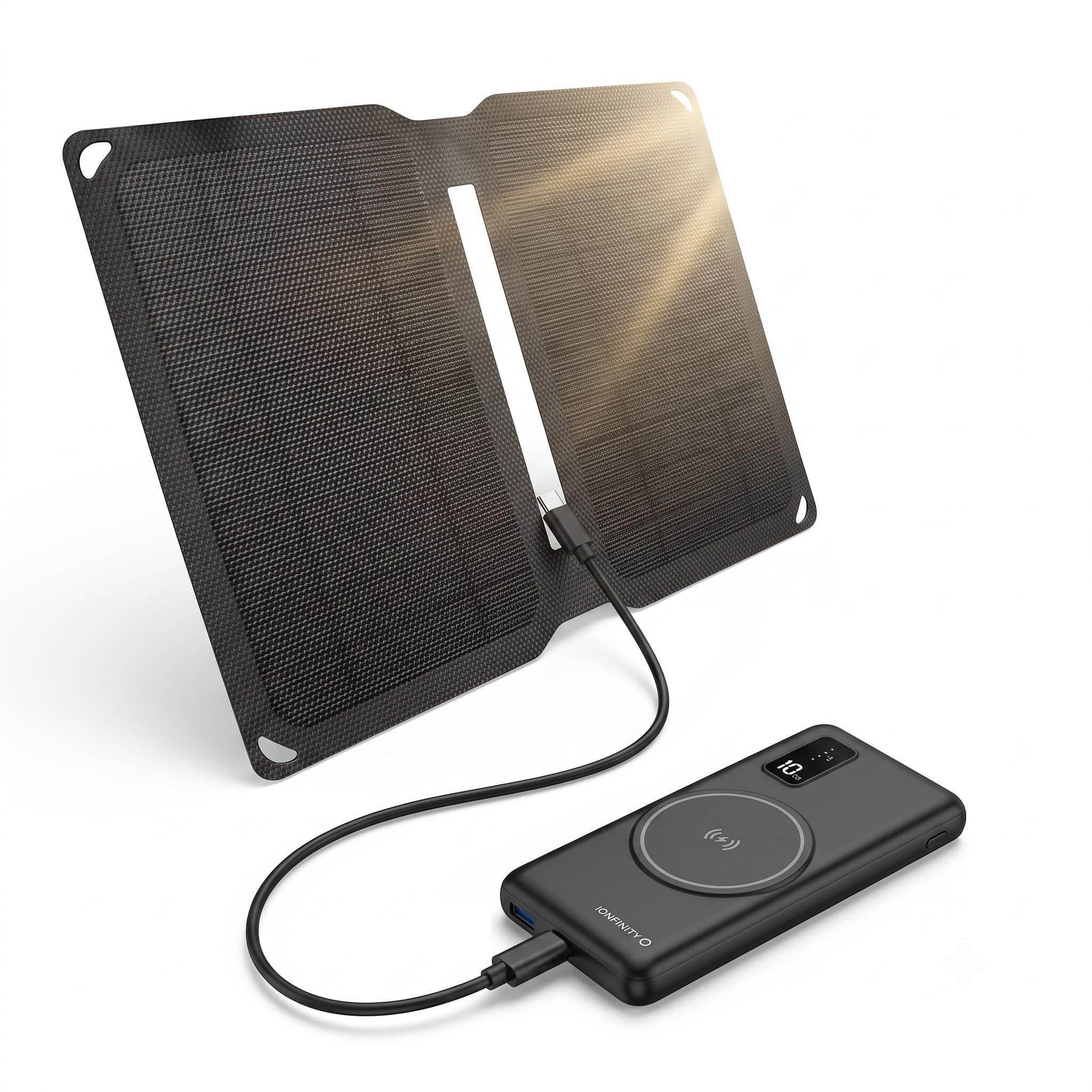 Nomadyczna składana ładowarka solarna z 1 portem USB 10W i zewnętrzną baterią 10 000 mAh z wbudowanym kablem (USB-C, Lighning, Micro USB)