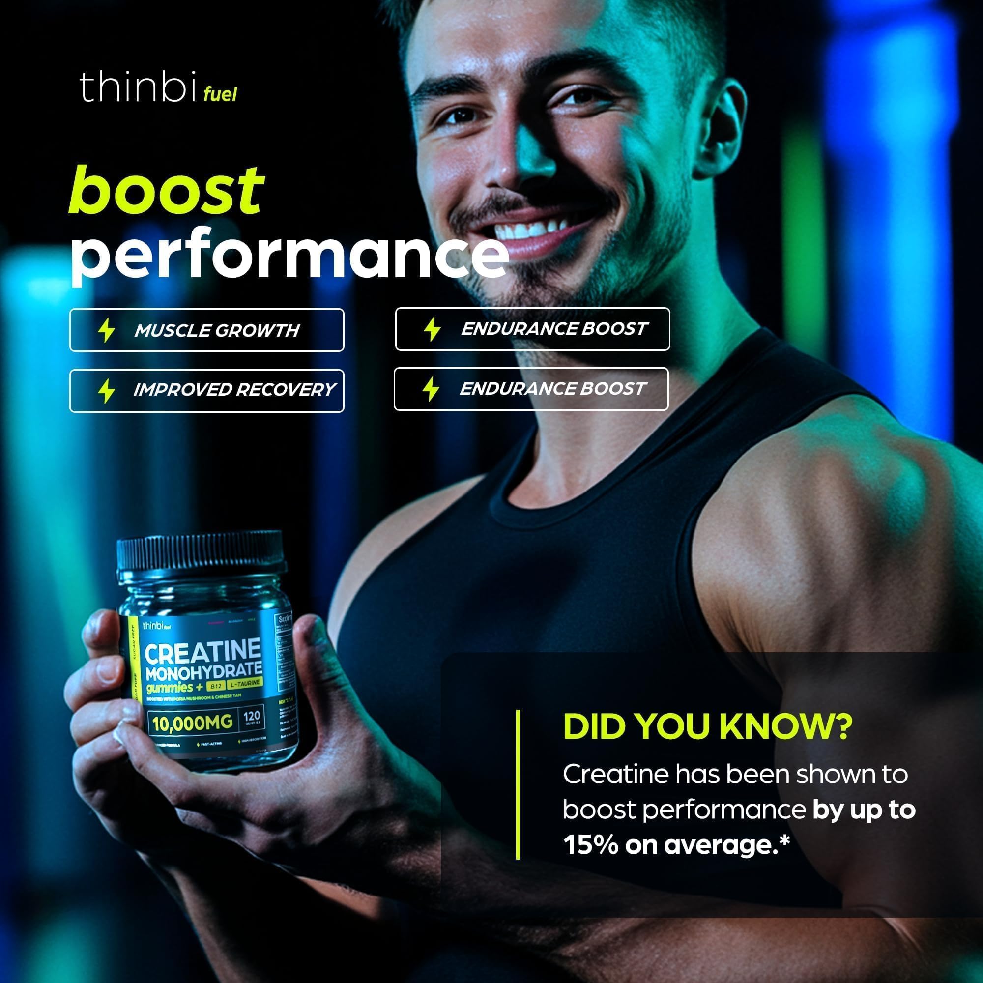 Creatine Gummies Monohydrate Complex 10,000mg for Men & Women -120 Gummies Advanced Formula W/L-Taurine + Vitamin B12 for Muscle Strength, Muscle Builder, Energy Boost, Pre-Workout Supplement -Thinbi