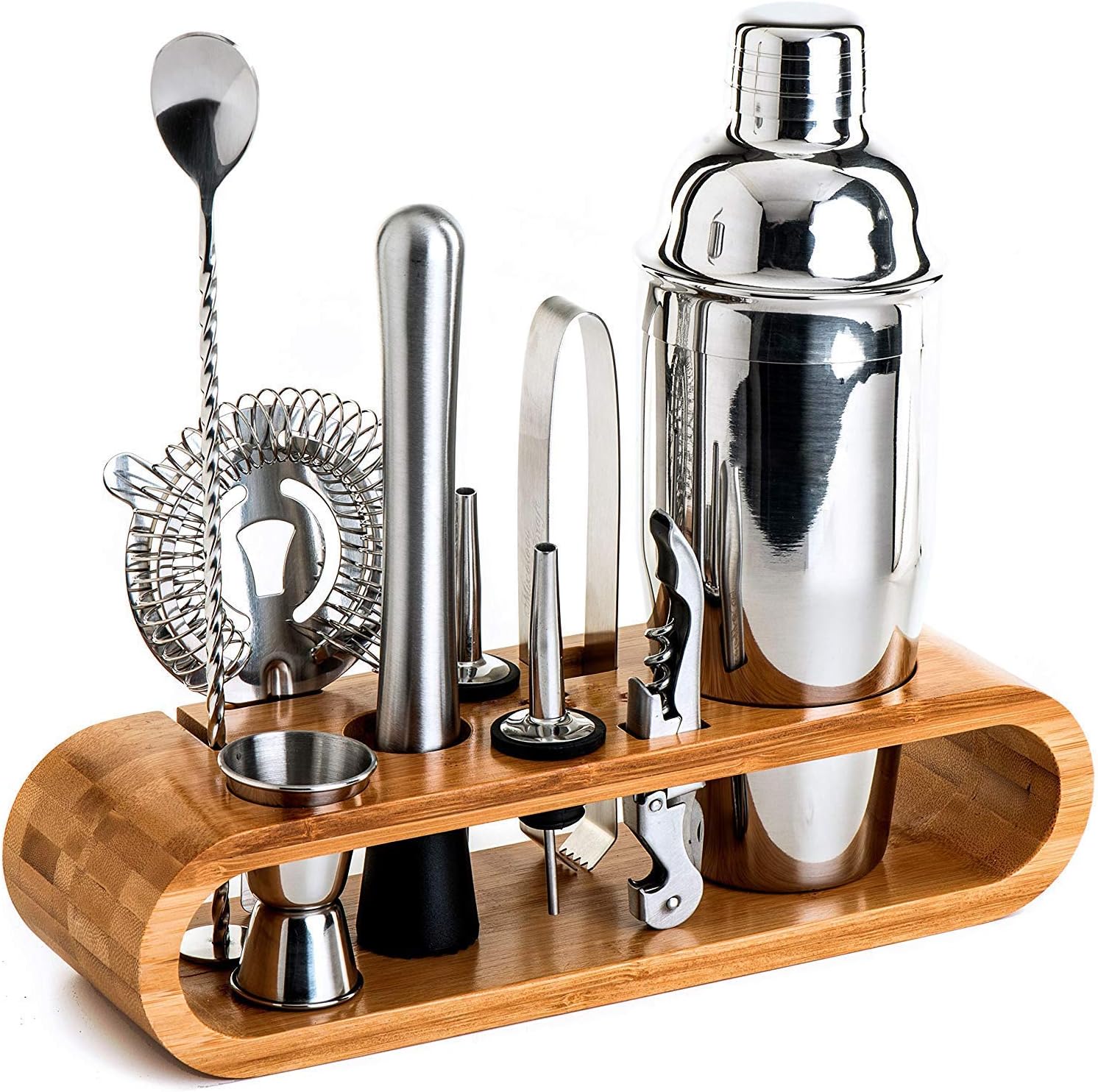 SKEIDO Bartender Kit: 11-Piece Bar Tool Set with Stylish Bamboo Stand - Perfect Home Bartending Kit and Martini Cocktail Shaker Set For an Awesome Drink Mixing Experience