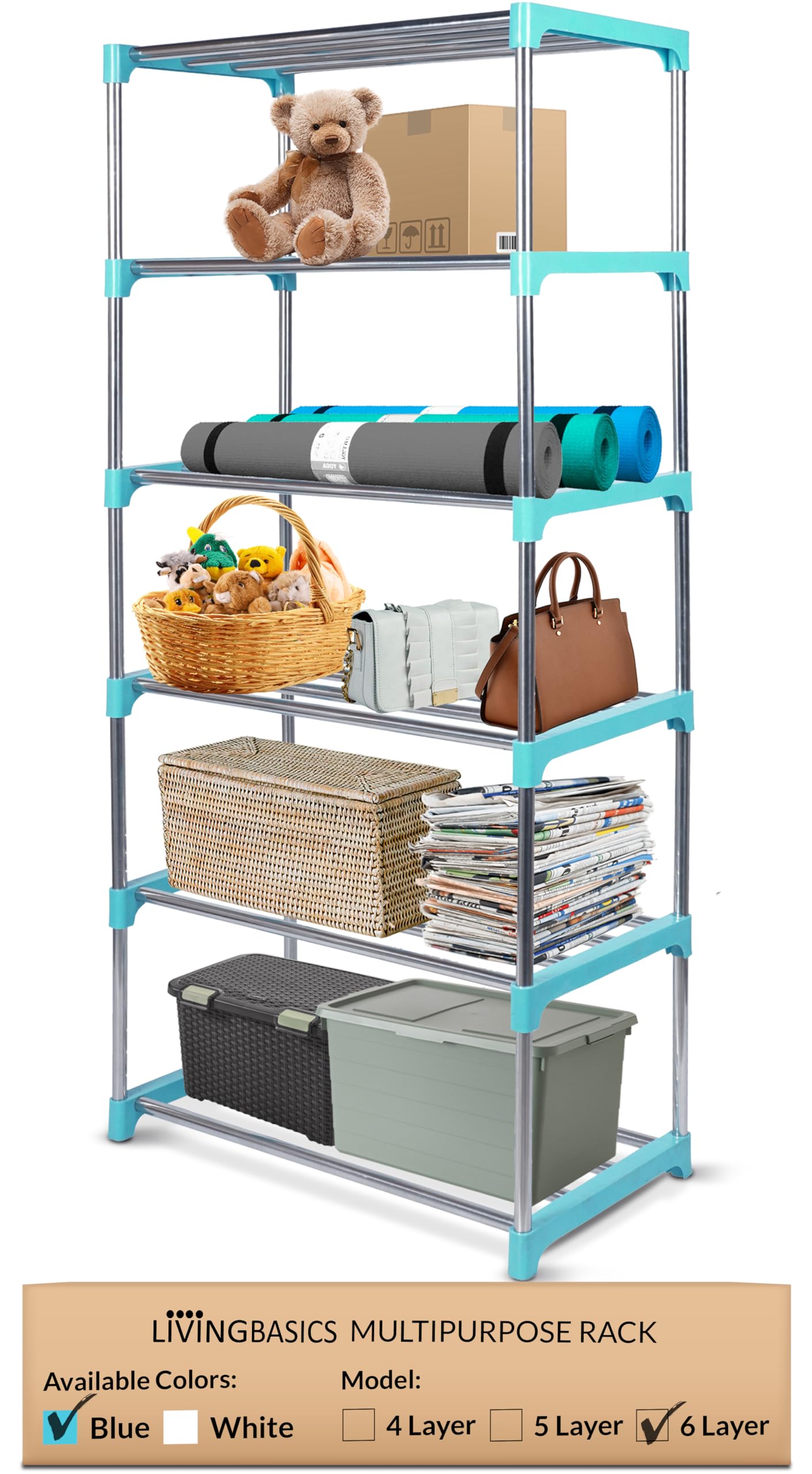 LivingBasics Stainless Steel Multifunctional/Multipurpose Storage Shelves/Rack/Stand for Home/Office/Kitchen/Balcony/Bathroom/Study Room (6 Layer, Cyan Blue)-image-41