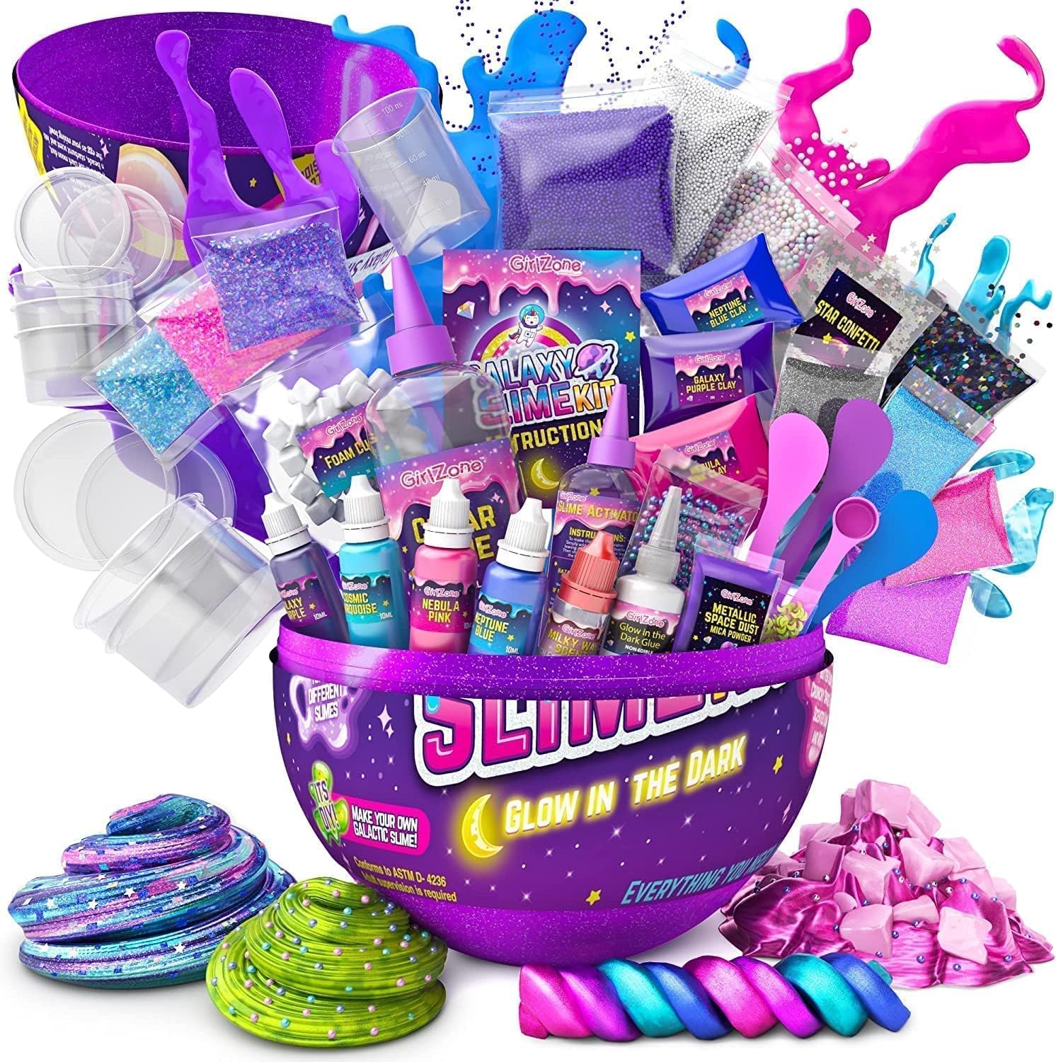 GirlZone Gifts for Girls Surprise Egg Galaxy Slime Set for Children, JellyCube, Clouds Slime with Glow in the Dark Moons to Make Yourself with Many Fun Glitter