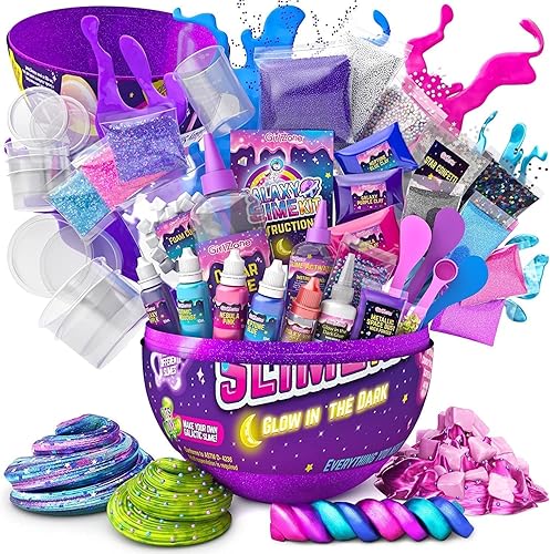 GirlZone Egg Surprise Galaxy Slime Kit para niñas, 39 piezas para hacer que brilla en la oscuridad, slime DIY con purpurina, divertidos kits de