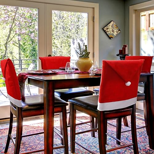 Miniatura 7 de Tatuo Juego de 4 fundas de Navidad para sillas de Navidad, sombrero rojo de Papá Noel, copo de nieve, para sillas de cocina, comedor, decoraciones