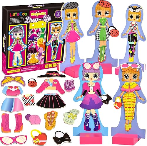 Latocos Juego de muñecas magnéticas de madera para niñas juego de simulación de más de 40 niñas juego de moda a juego imanes de nevera para niños de