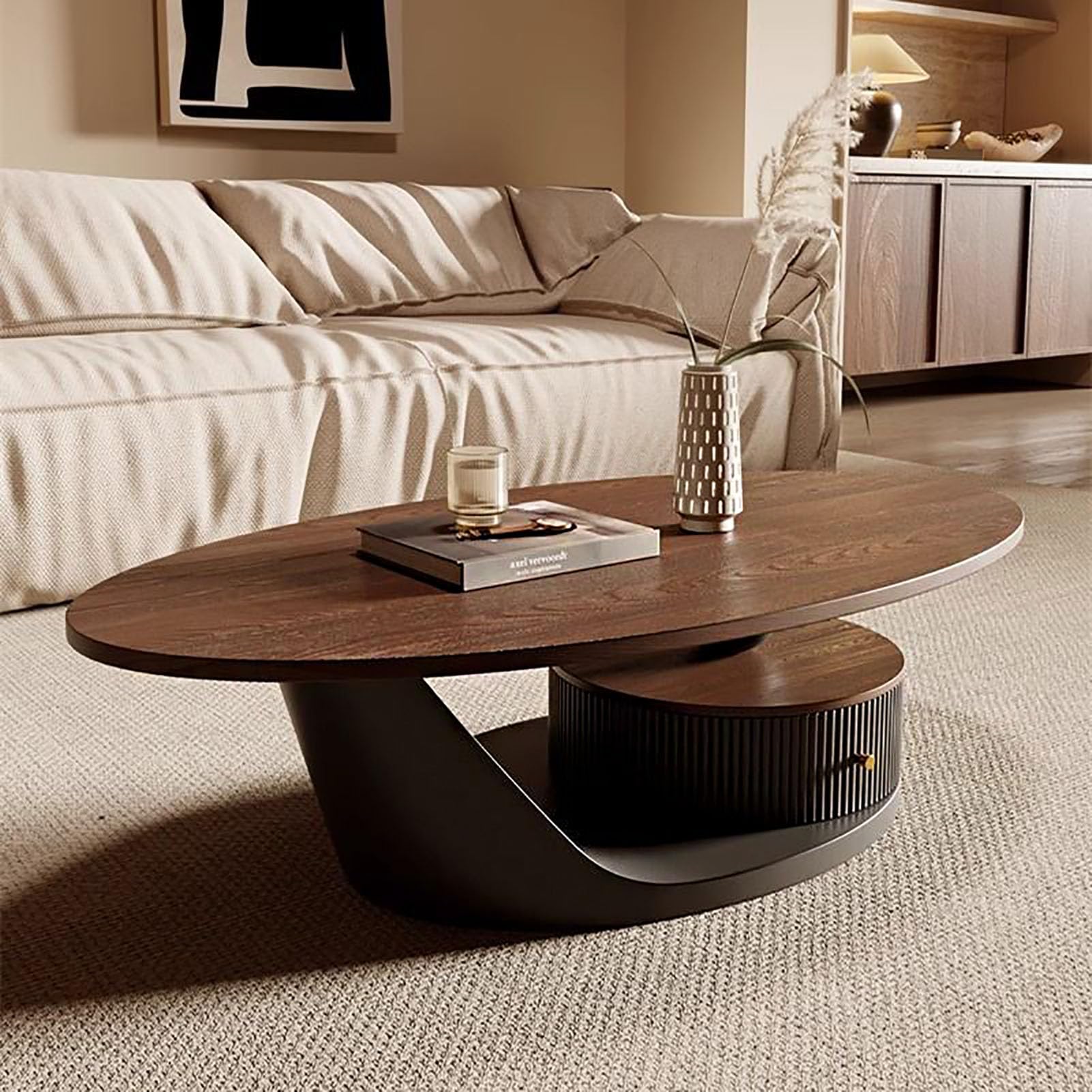 SXZenSpace Wood Nesting Coffee Table,Mid Century Oval Center Table Set of 2 with Side End Metal Frame for Living Room Dining Room,B,100x55x40cm(39x22x16)