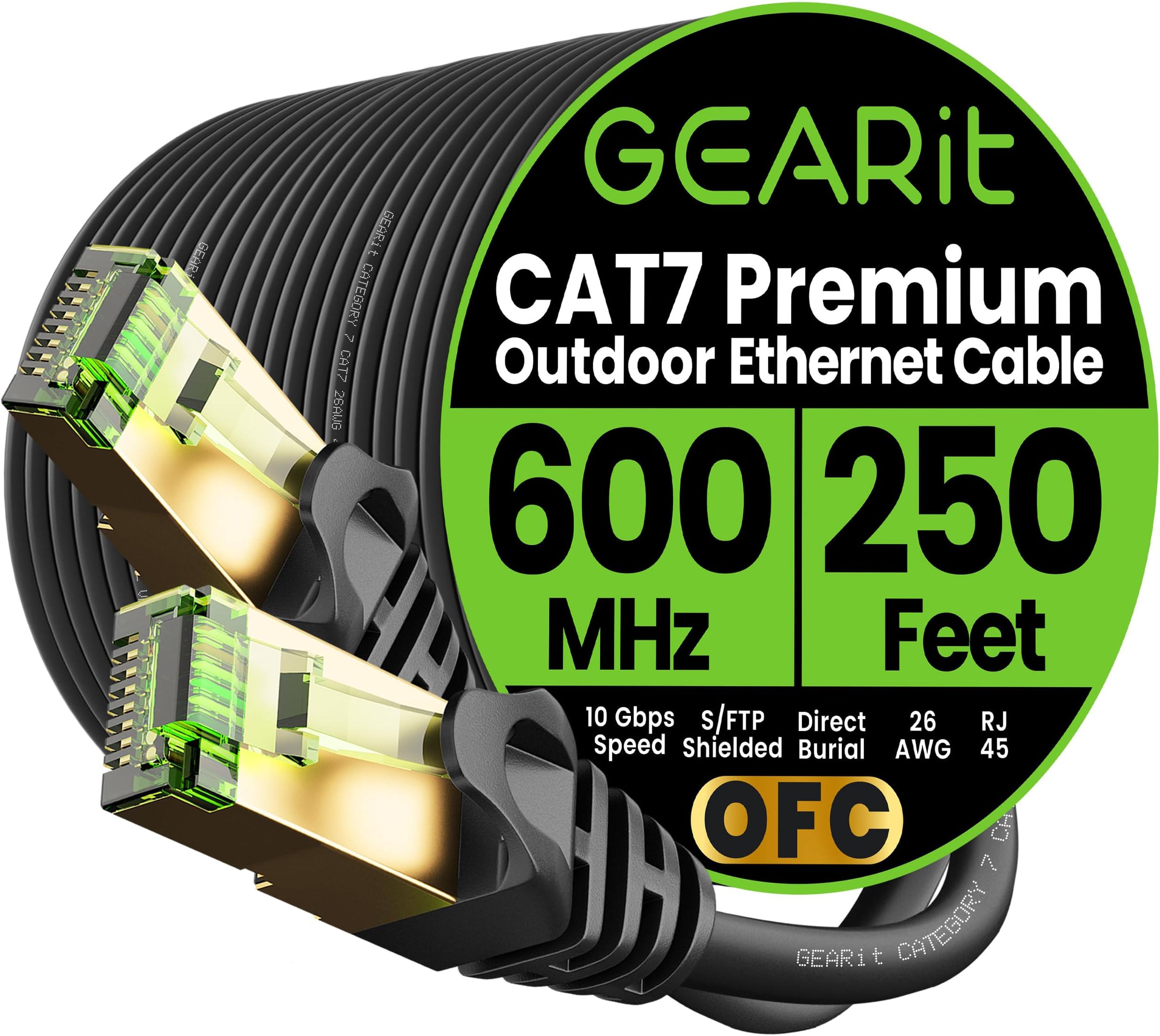 GEARit Cat7 Outdoor Ethernet Cable (250ft) SFTP Shielded Foil Twisted Pair, Pure Copper, LLDPE, Waterproof, Direct Burial, In-Ground, UV Resistant, POE, Network, LAN, Internet, Cat 7-250 Feet
