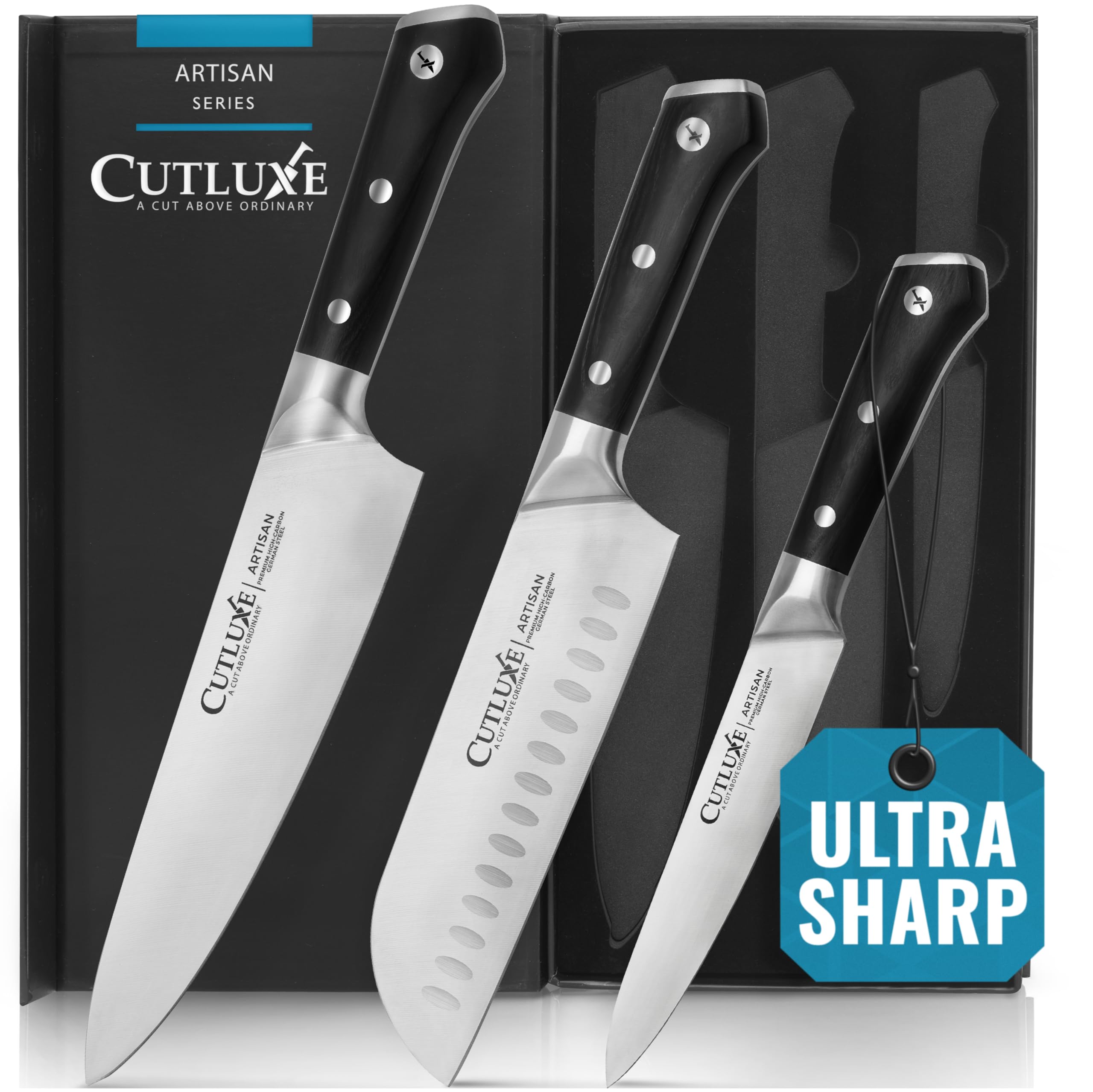 Cutluxe Chef Knife Set, 3 PCS Professional Chef's Knife Set – Razor Sharp German Steel, Full Tang, Ergonomic Handles - Artisan Series
