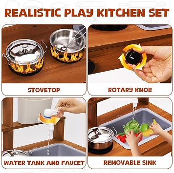 Wooden Mud Kitchen Playset for Kids,Large Pretend Role Play Kitchen Indoor with Realistic Accessories,Sink,Taps,kids Outdoor Play Equipment,Garden Sensory Toy,Gifts For Boys and Girls Ages 3+