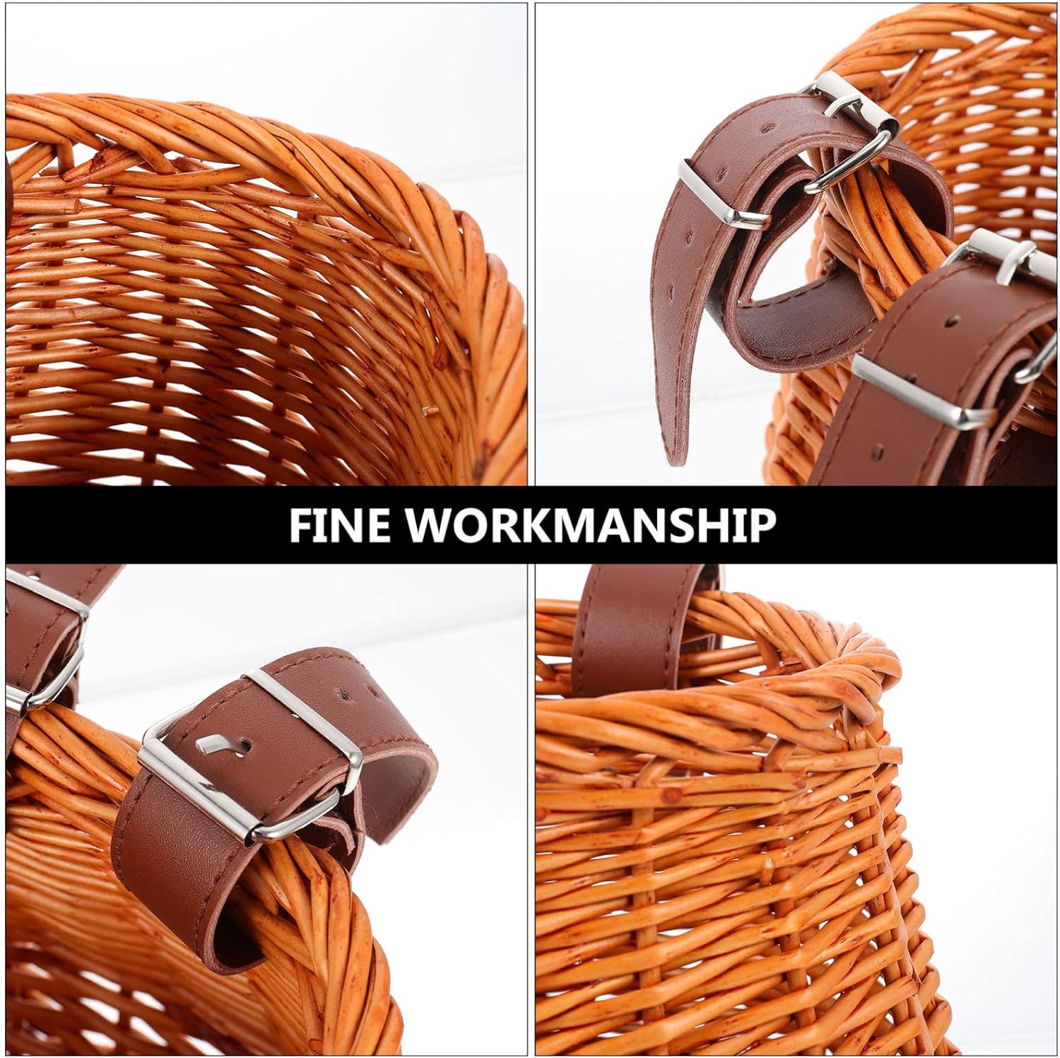 枝編み細工品自転車バスケット 革ストラップ付き小型ペット猫犬キャリア人工籐編み自転車バスケットフロントハンドルバーペットキャリア用籐バスケット アウトドアキャンプ いつでも送料無料 アウトドアキャンプ