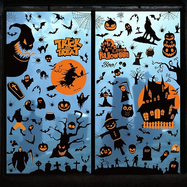 Bigqin 98 Pieces Window Sticker Halloween Window Cling Spider Pumpkin Ghost Bat Window Film Reusable PVC Decals for Halloween Party Decorations Glass Holiday Decorations, 9 Sheets, Black, Orange
