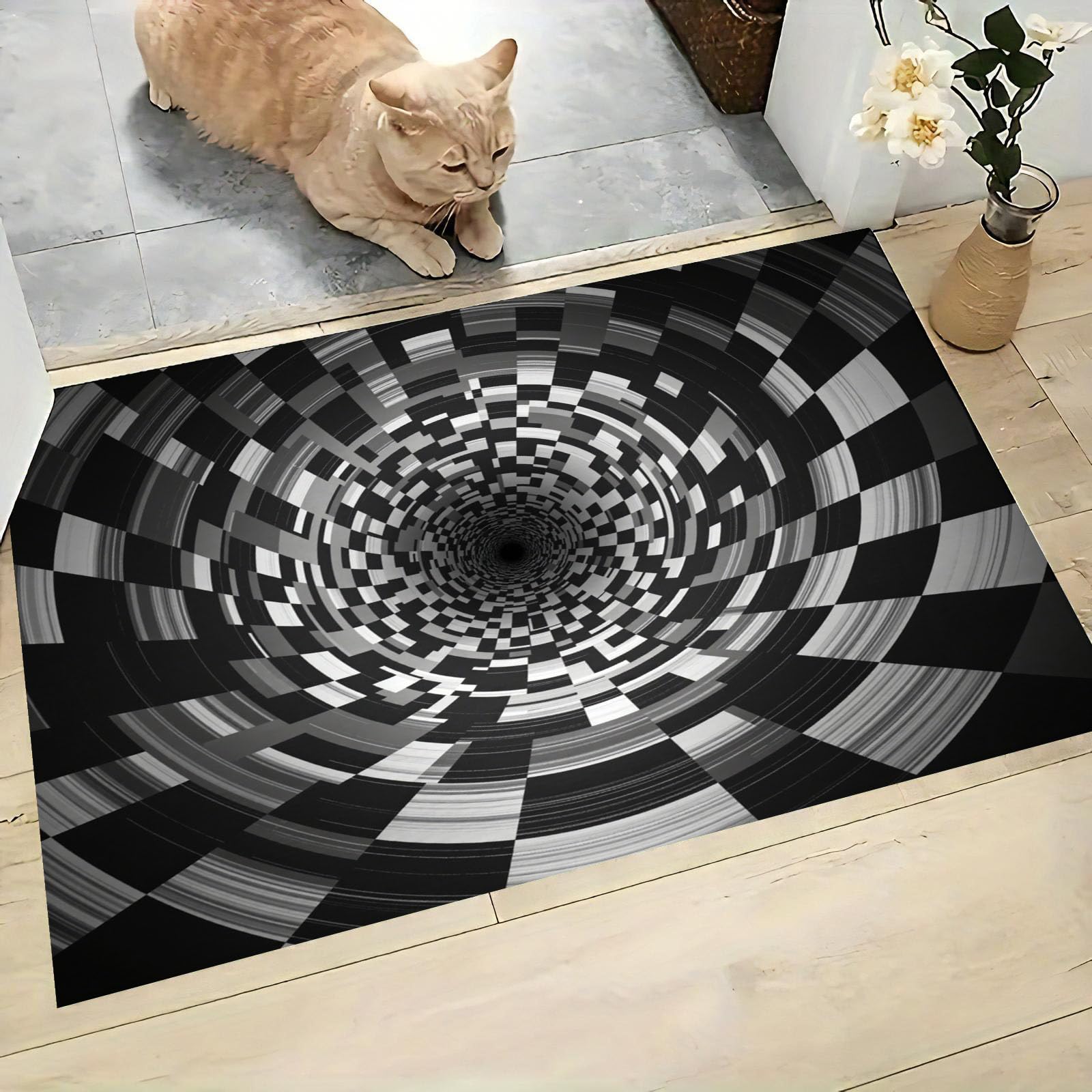 Paillasson fin absorbant pour entrée étroite et tapis lavable anti-glisse noir et blanc