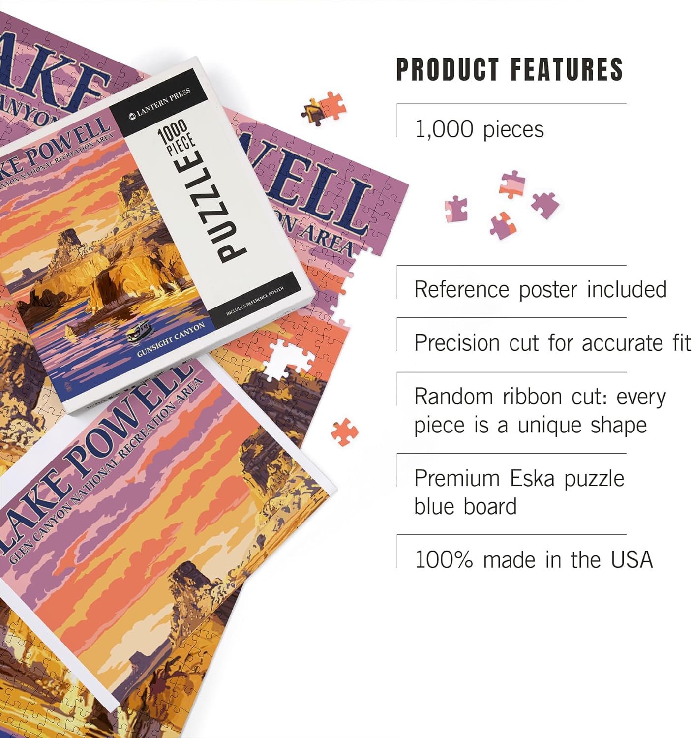 Lantern Press Lake Powell, Gunsight Canyon and Sunset 1000 Piece Jigsaw Puzzle for Adults, Made in USA with Reference Poster