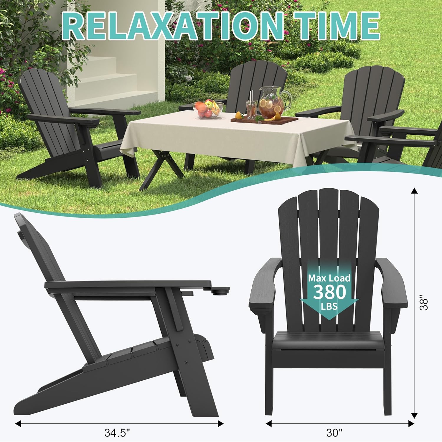 NUNU LAB Oversized Adirondack Chair Weather Resistant with Cup Holder, Black Outdoor Patio Chair, HDPE Adirondack Chairs for Patio, Law, Garden, Camping - Easy Installation