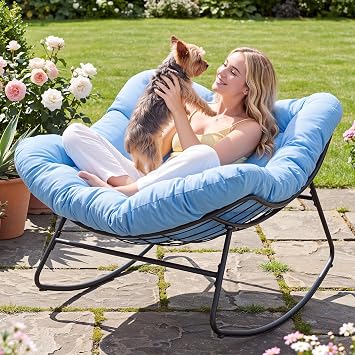 Papasan Rocking Chair, Oversized Outdoor Egg Chair with Thick Cushion | 450 lbs Heavy-Duty Frame, 6.7" Thick Cushion, Silent Rocking Design, Adjustable Rocking Angle, Indoor & Outdoor Use