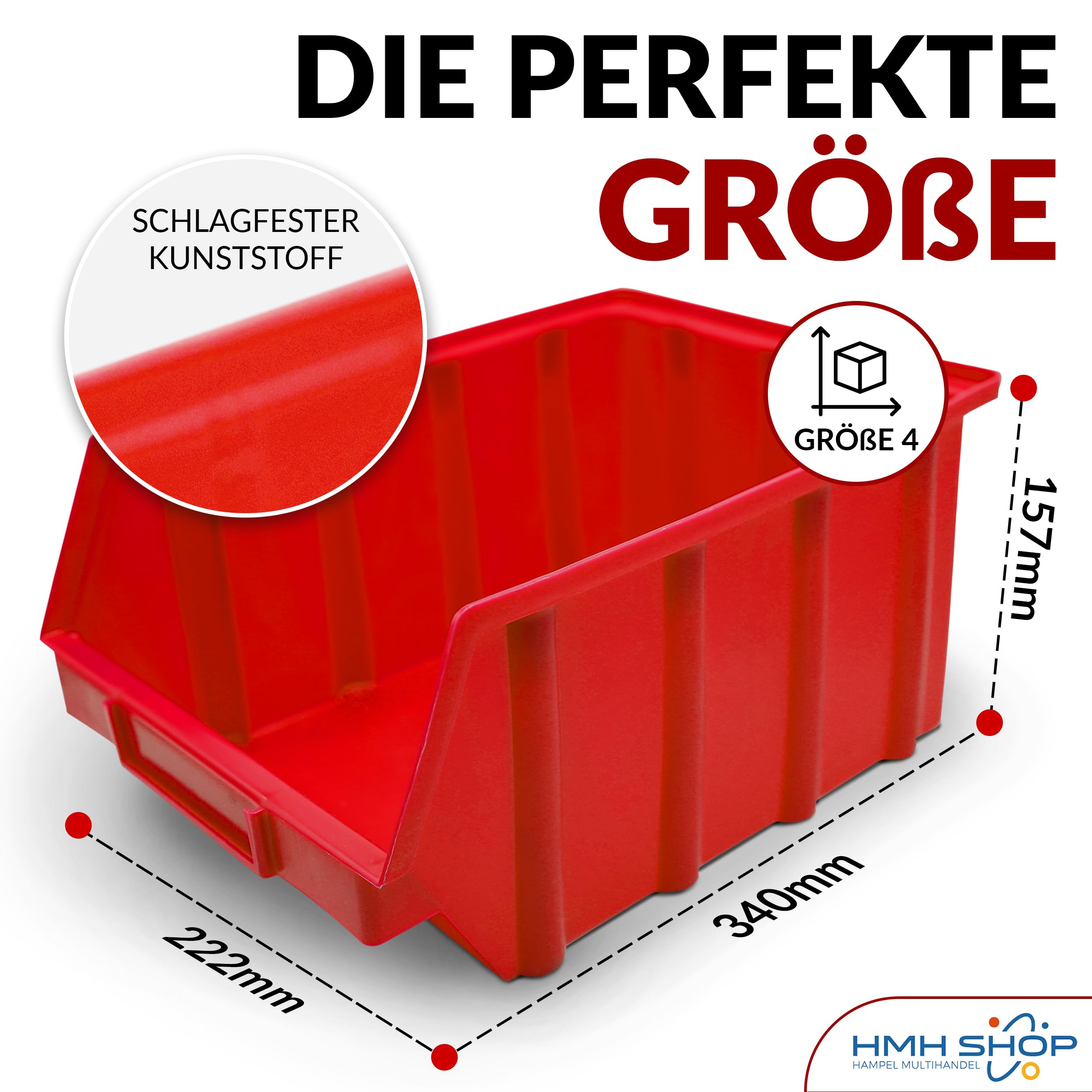 HMH 15x Stapelboxen Rot Größe 4 Werkstatt Garage Keller rote Sichtlagerboxen (LxBxH) 340x222x157mm Lagerboxen Sichtlagerkästen Kleinteile Aufbewahrung