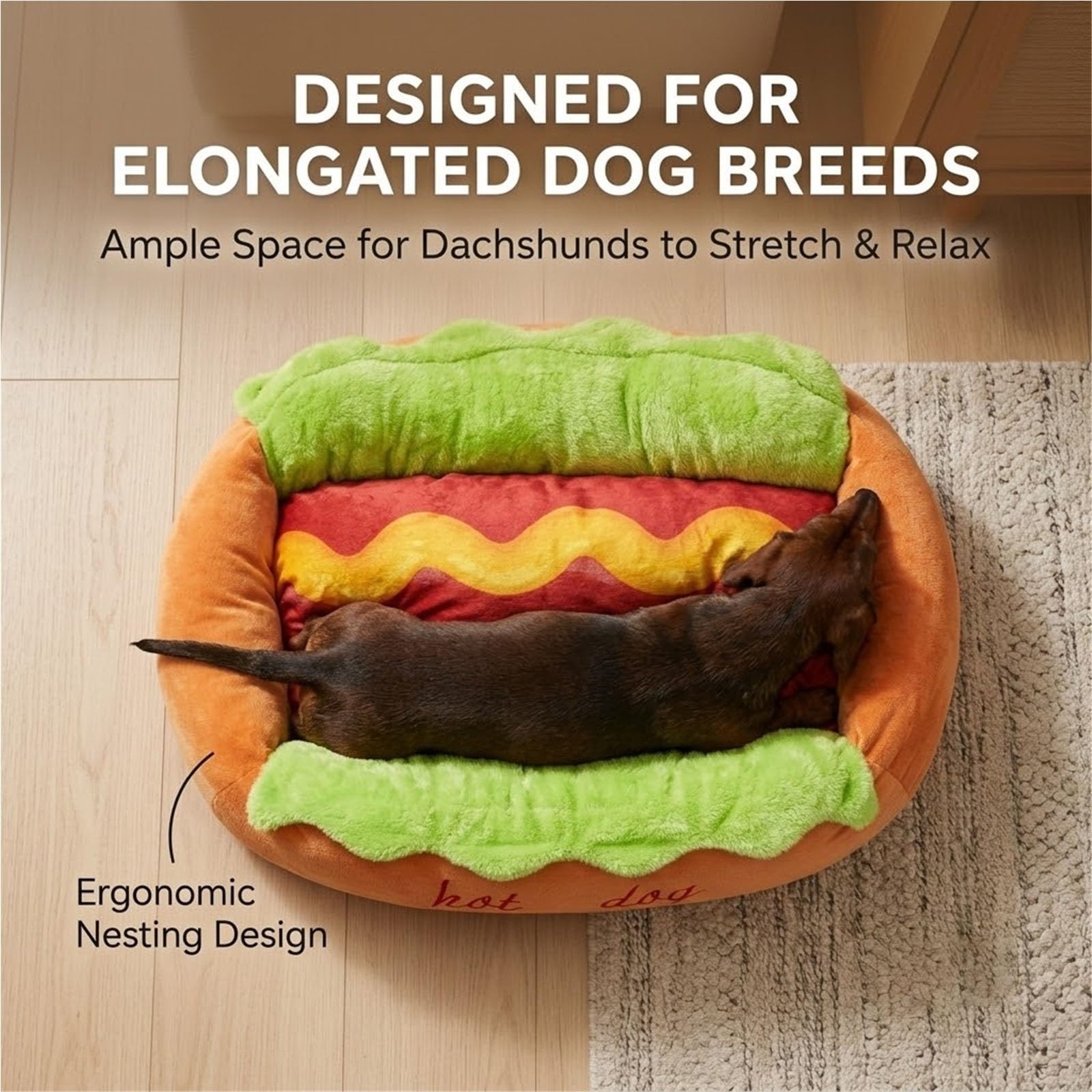 Legowisko Dla Psa, Miękkie Pluszowe, Małe, Słodkie I Ciepłe | Zabawny projekt bułki do hot dogów ze zdejmowaną, zmywalną pokrywą, antypoślizgową podstawą(M)