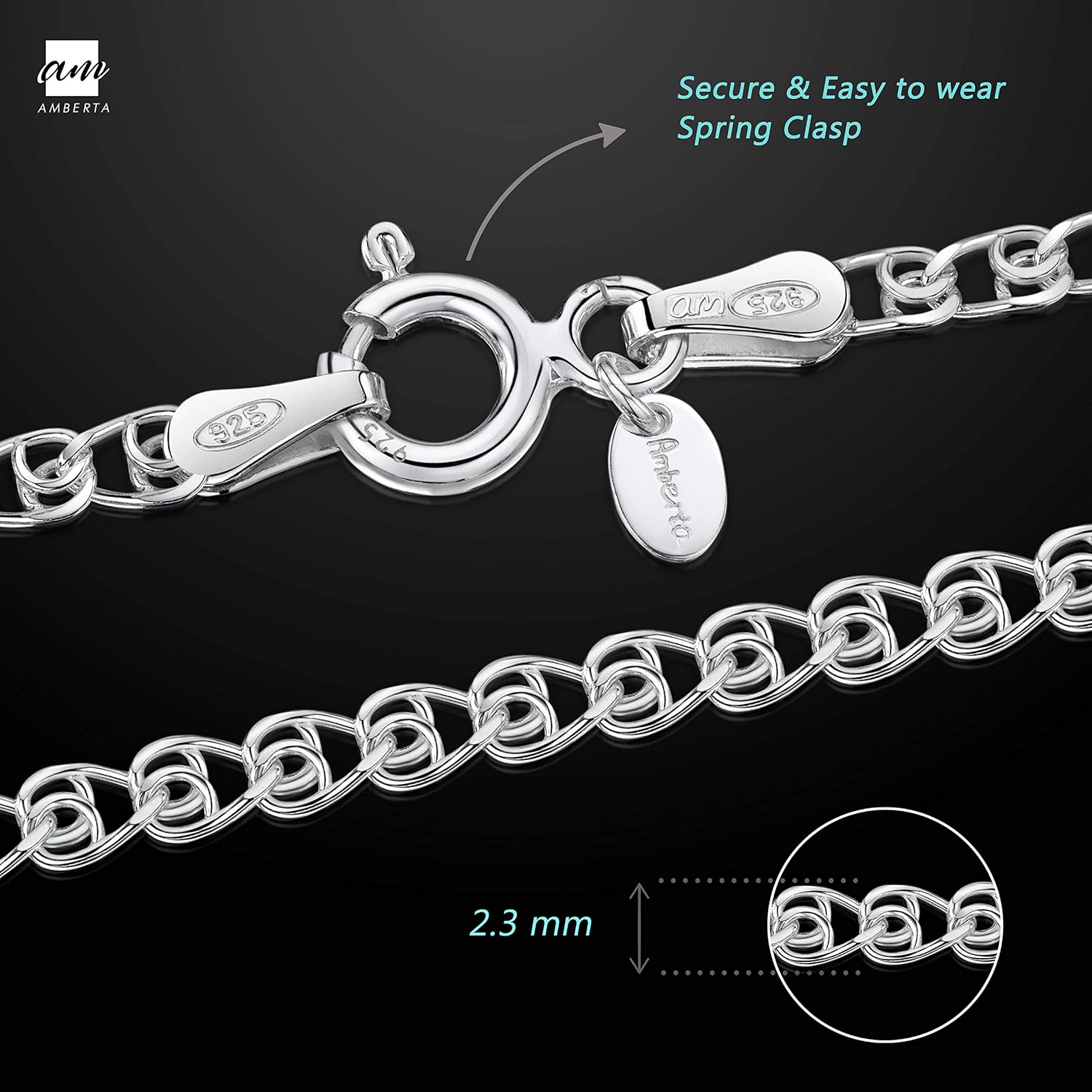 Amberta 925 Sterling Silver 2.3 mm Heart Chain Bracelet Size 7" 7.5" 8" in