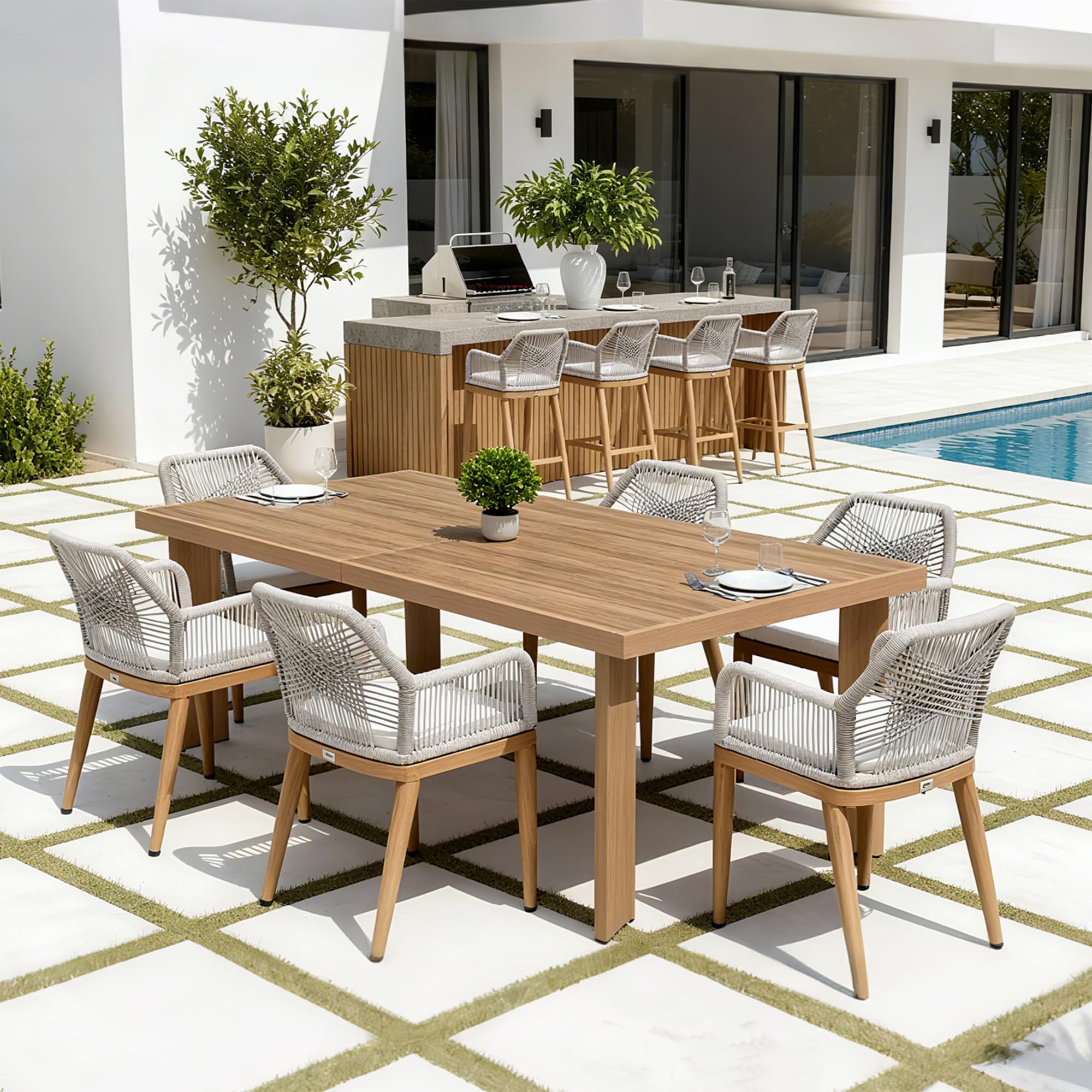 PURPLE LEAF Patio Wicker Dining Set 7 Pieces with Bar Height Stools, Teak