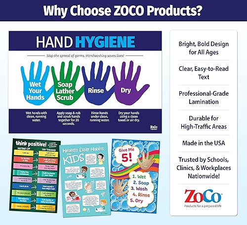 Miniatura 5 de ZOCO - Póster de higiene de manos - Laminado, 12 x 18 pulgadas - Niños y adultos - Póster de lavado de manos para la escuela y el lugar de trabajo -