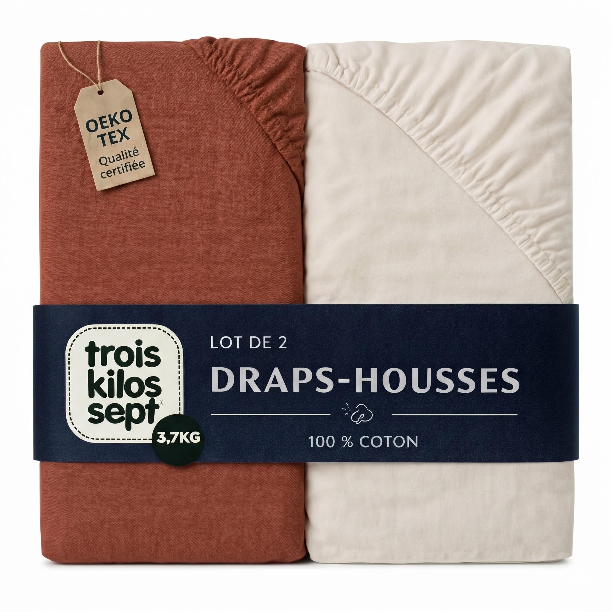 Trois Kilos Sept - Drap Housse Bébé - 100% Coton Jersey Extensible - Doux & Confortable - Bords Elastiqués - Label Oeko-TEX® Standard 100 - Beige Sable & Terracotta - 60x120 cm- Lot de 2