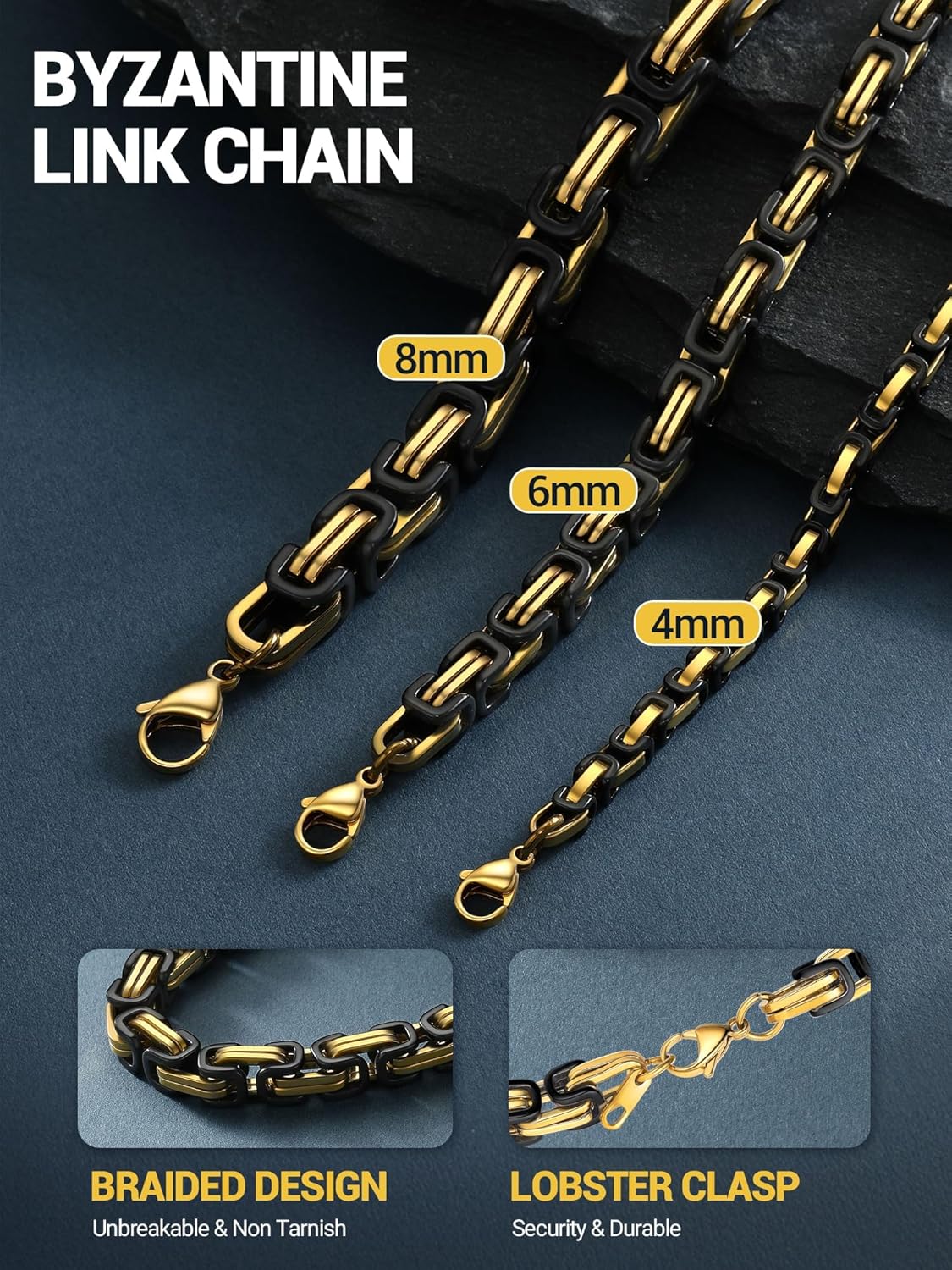 PROSTEEL 4MM/6MM/8MM Stainless Steel Necklace for Men Women, Stylish and Cool, Byzantine Chain Black Gold Silver Tone, 18-30 Inches, Come Gift Box - Image 5