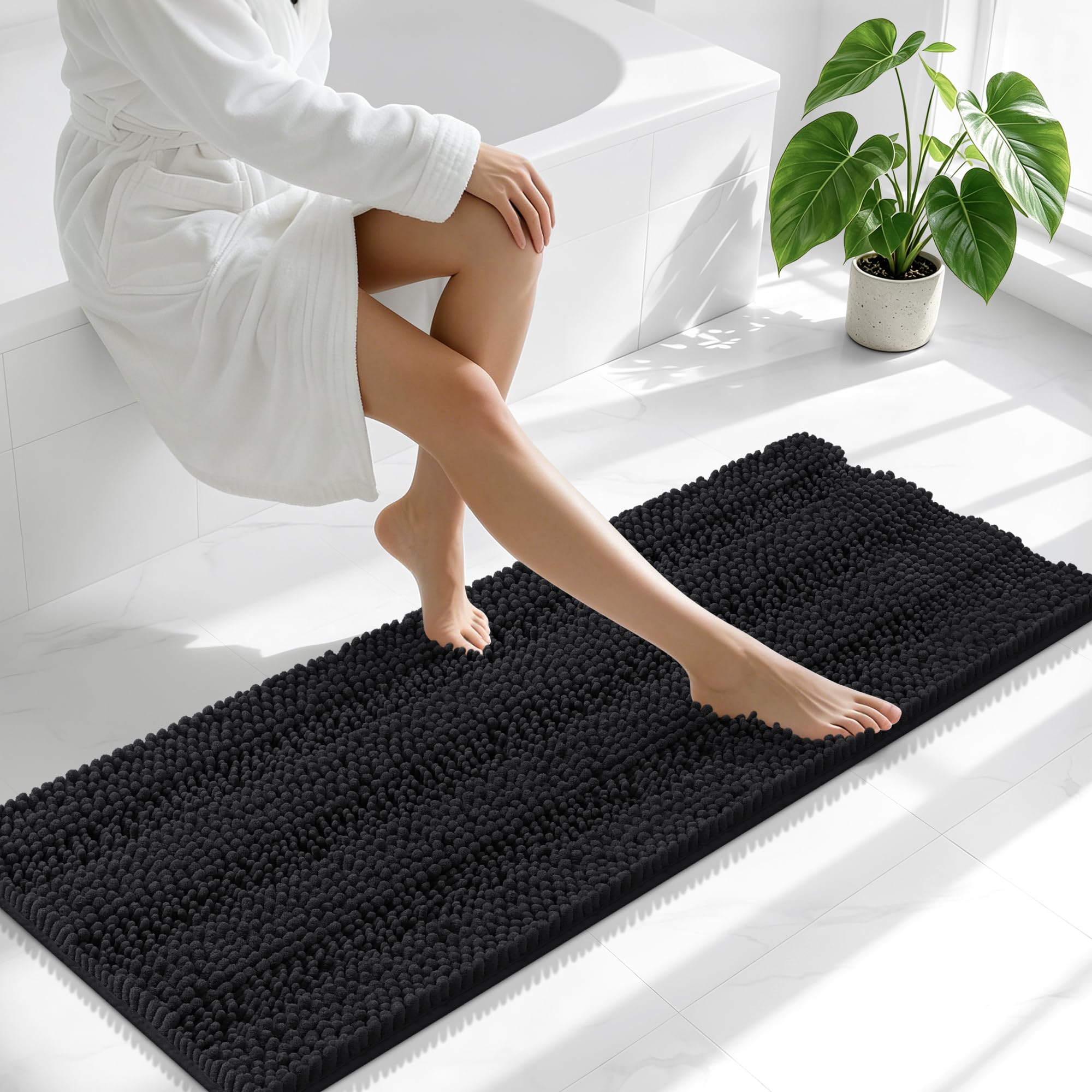 Smiry Thick Chenille Bathroom Runner Rugs 47x17, Absorbent Bath Mat, Black