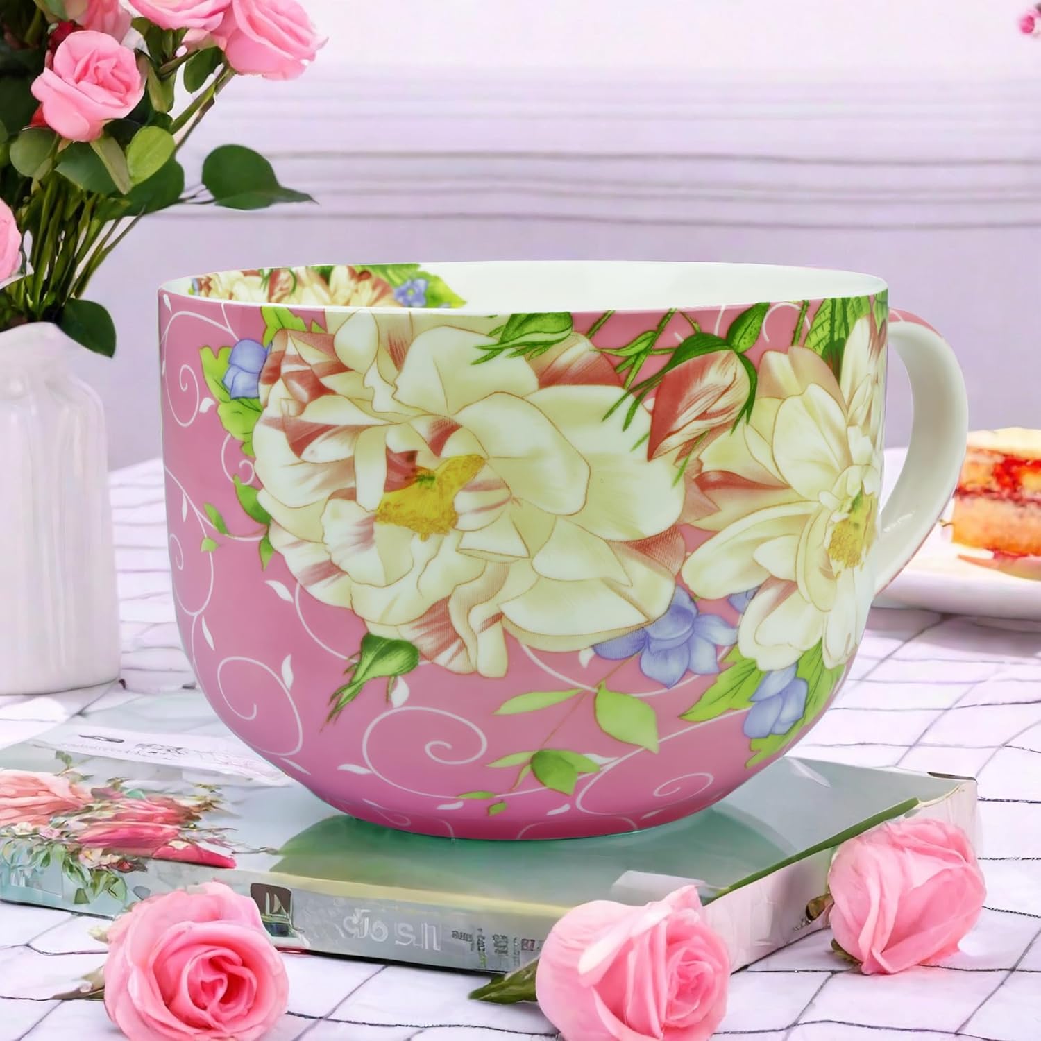 Large 25 Ounce Large Coffee Mug Soup Bowls with Handles Oversized Soup Mugs Bone China Soup Mug Cup Soup Bowl for Coffee Cereal Latte (pink Magnolia) - Image 6