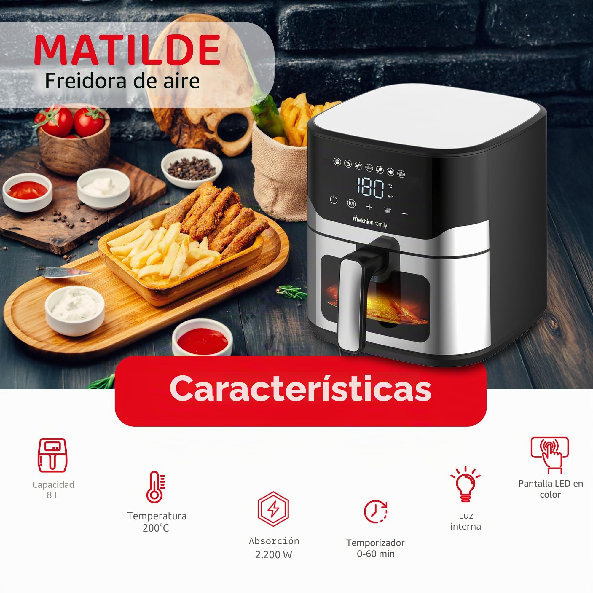 Melchioni Family Matilde Airfryer 8 l 2200 W de potencia, cesta extraíble con asa, trampa de grasa, temporizador 60 minutos, luz de cocción con -80% de grasa
