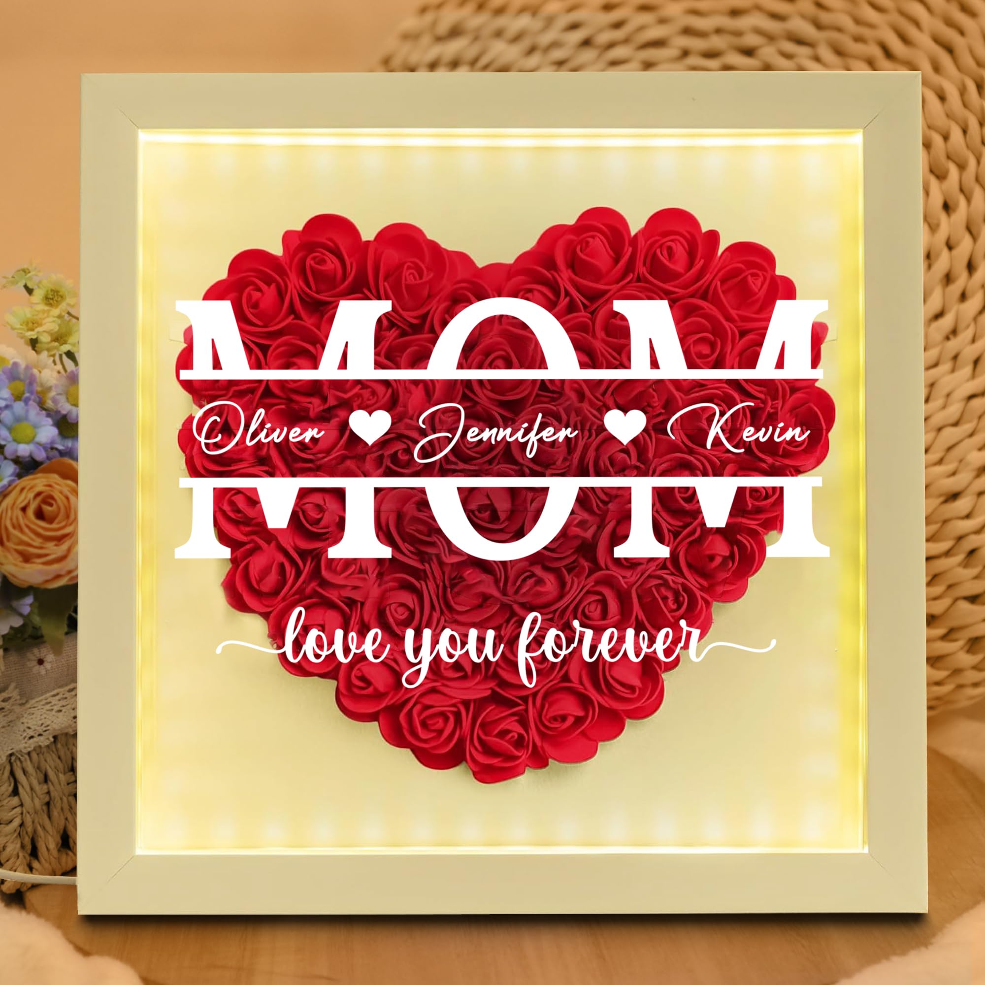 Custom Flower Shadow Box with Name LED Light, Mothers Day Ideas Gifts for Mom from Daughter Son, Personalized Gifts for Mom Wife from Husband,