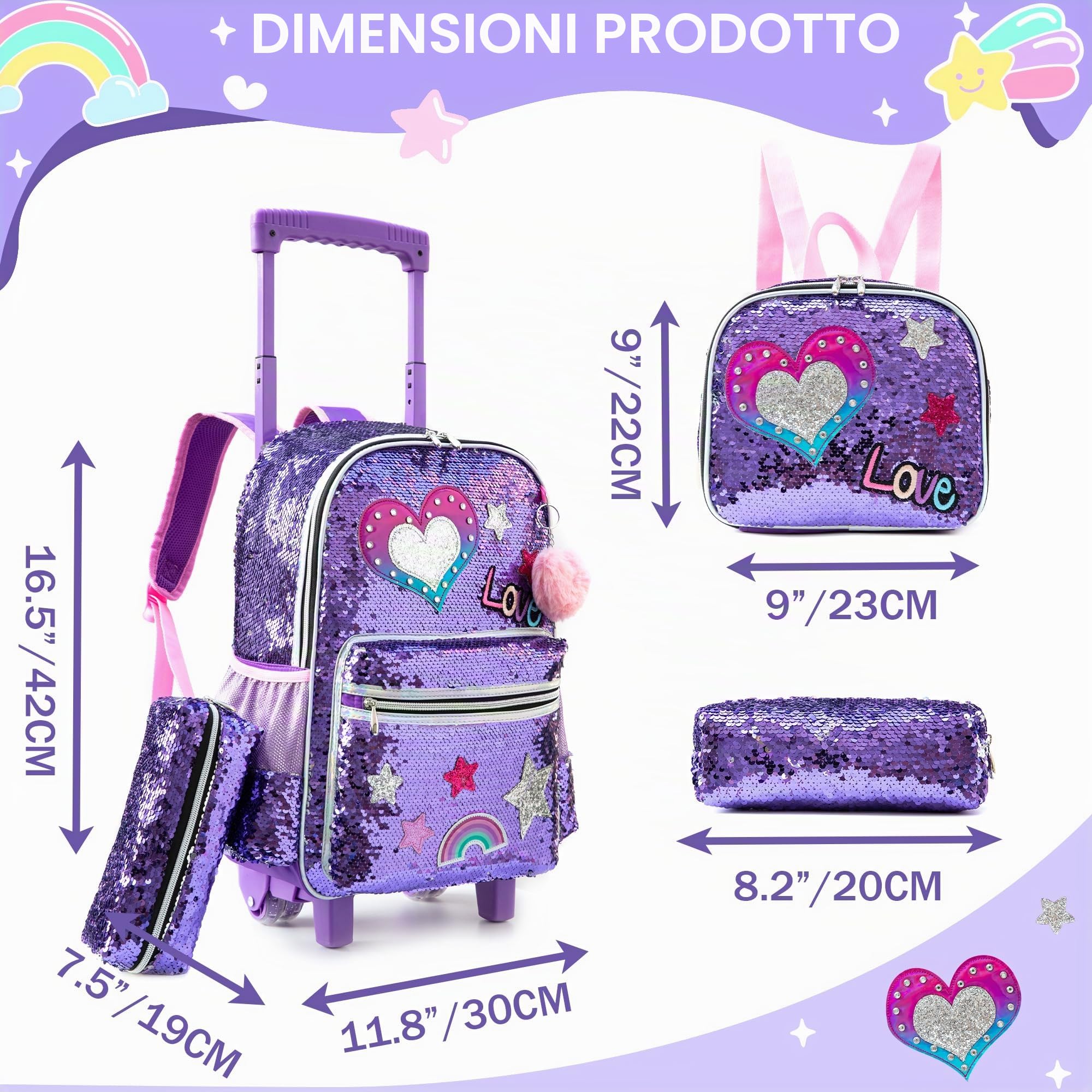 HTgroce Trolley Zaino con ruote, astuccio, borsa per il pranzo, 3 in 1, facile da arrotolare, per ragazze, borse per la scuola