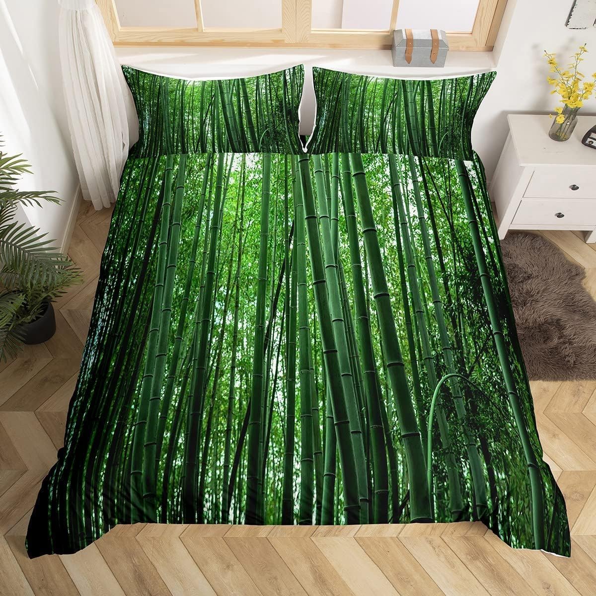Komplet pościeli 220 x 240 cm, zielony bambus, miękka pościel z mikrofibry, poszewka na kołdrę z nadrukiem 3D, krajobraz wiosenny, 3-częściowy, poszwa na kołdrę z zamkiem błyskawicznym i 2 poszewki na