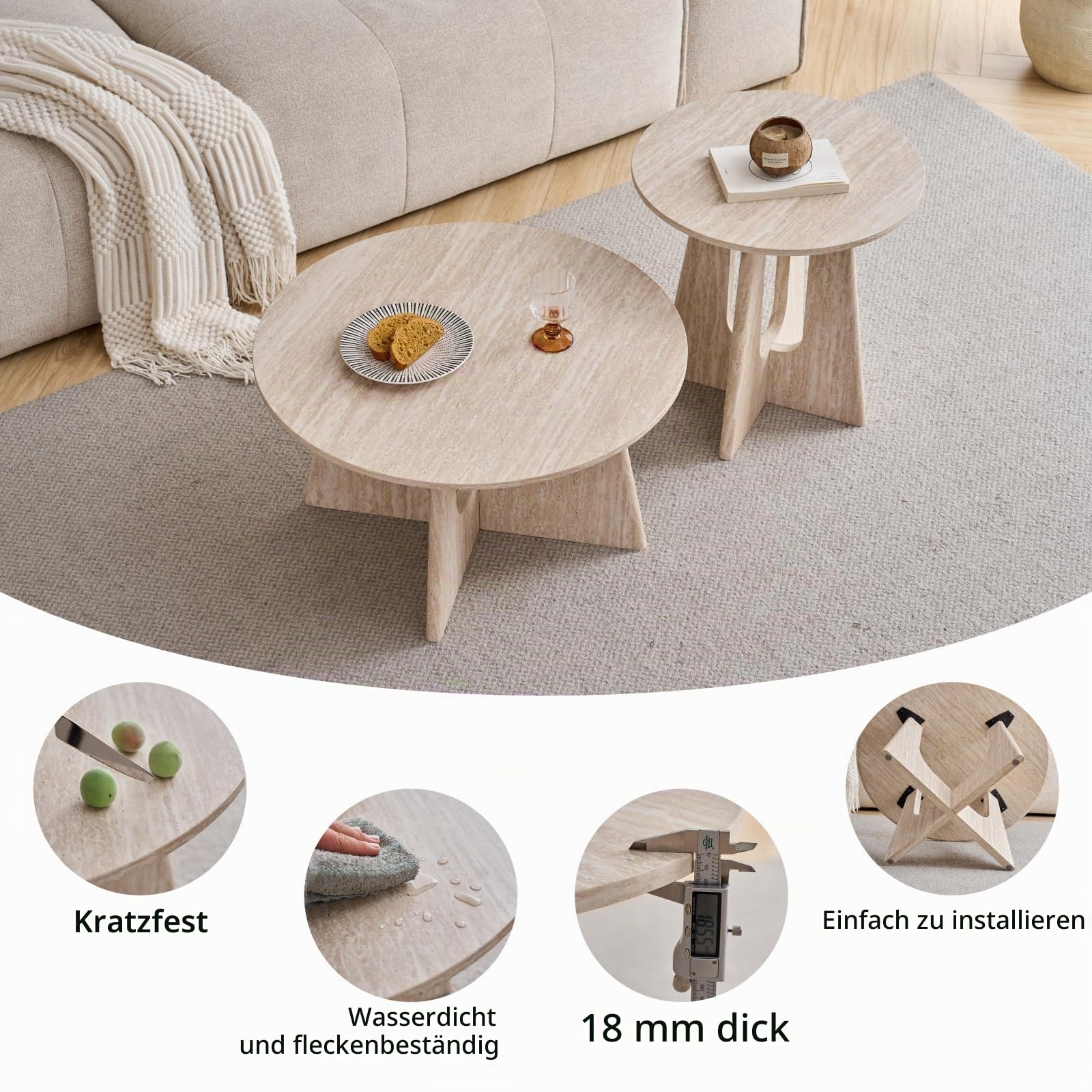 GrandCA HOME 2er Set runder Couchtisch, Moderner Beistelltisch im Minimalistischen Stil für das Wohnzimmer, Mitteldichtes Faserplattenmaterial, Geeignet für Wohnzimmer, Schlafzimmer – Beige