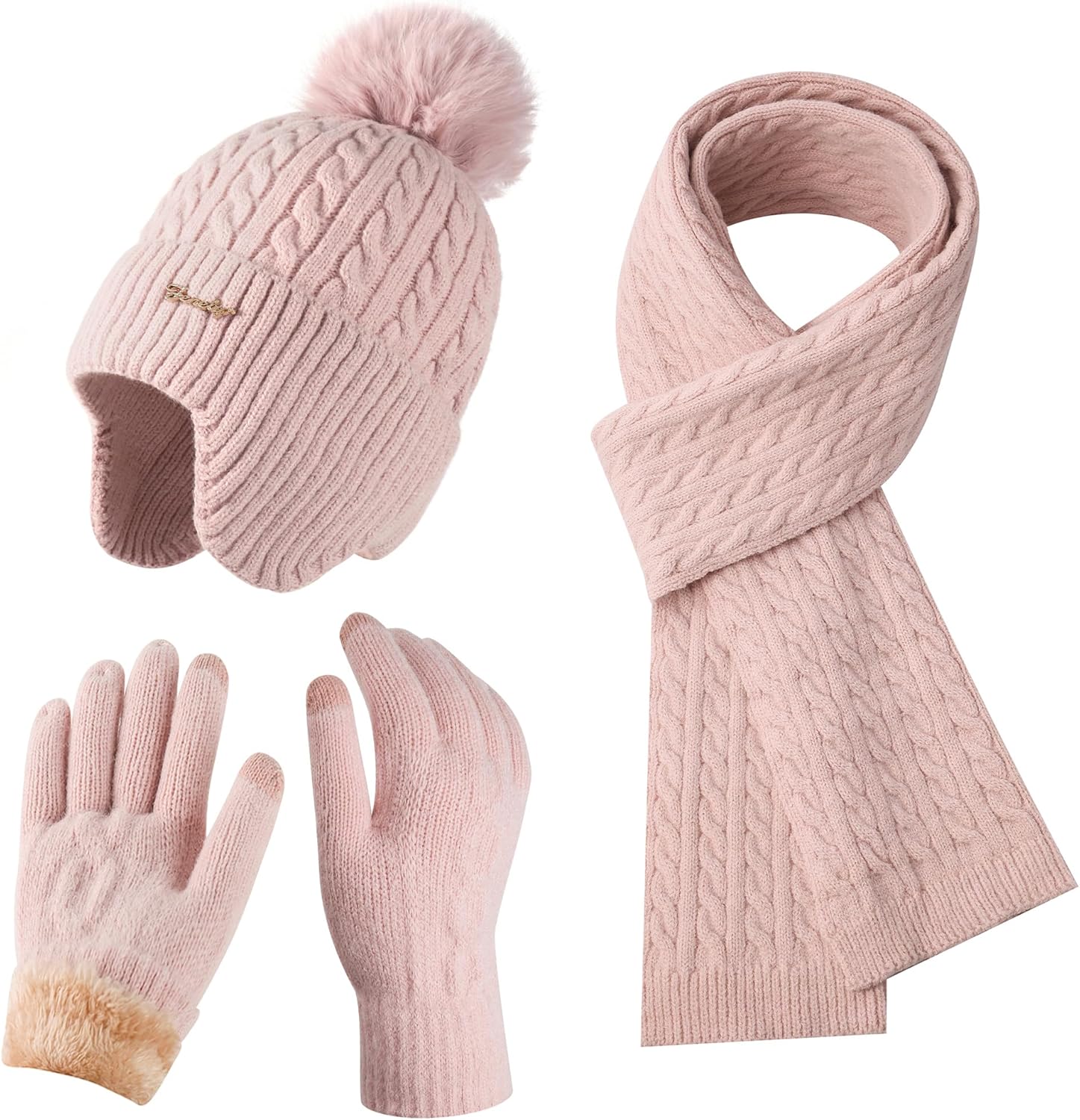 Winter Hat Scarf Gloves Set for Women, Classic Cable Beanie with Removable Pom Pom Long Scarf Touchscreen Gloves 3 in 1 Set
