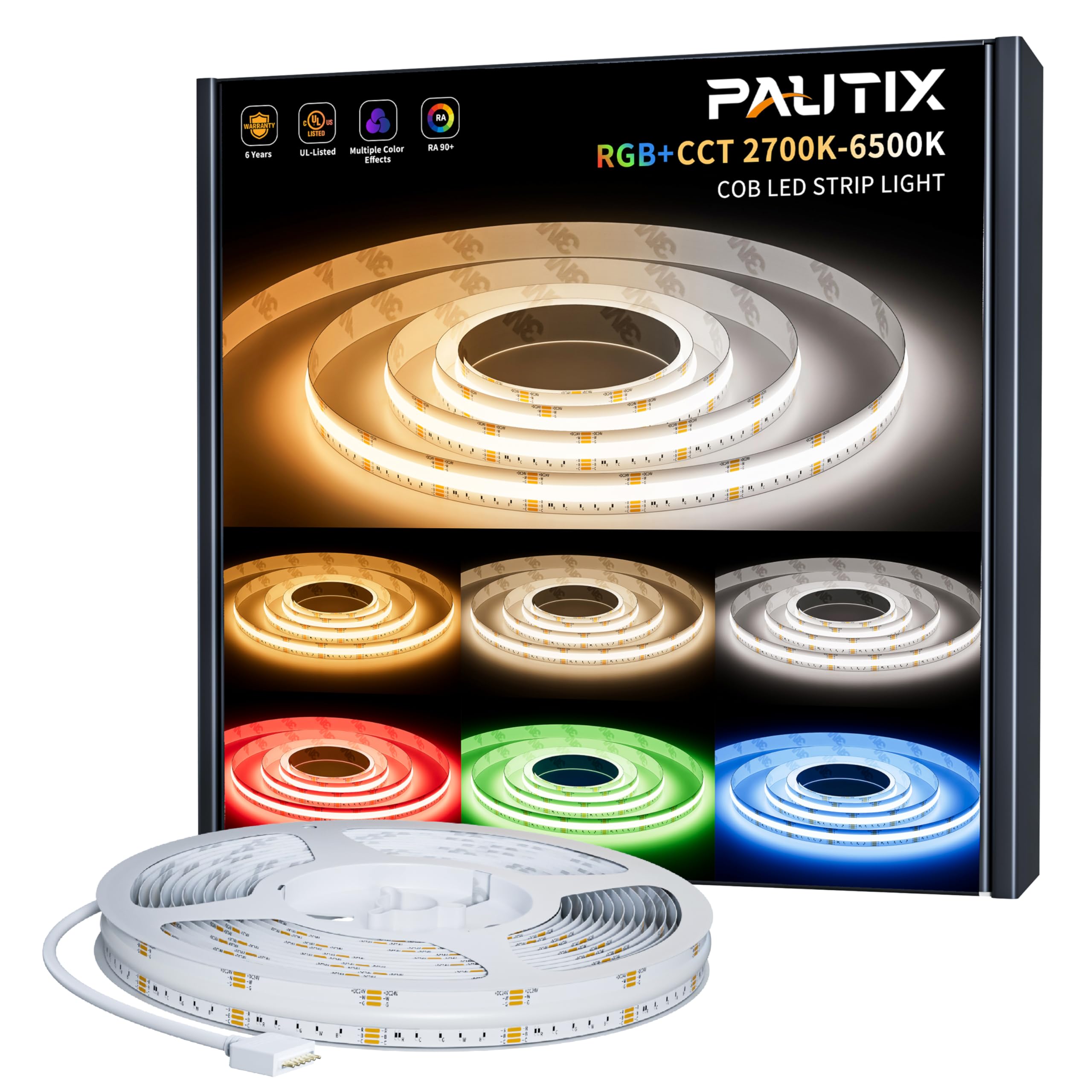 PAUTIX COB LED Strip Light,RGB+WW/CW 20ft/6.1m,RGB+CCT Tunable Color Temperature 2700K-6500K,UL Listed DC24V Color Changing Tape Lights for DIY Decoration(Power Supply & Controller Not Included)