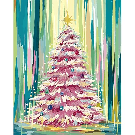 Slody Christmas Paint by Number for Adults Pink Christmas Tree Artwork DIY Acrylic Paint by Numbers Kits on Rolled Canvas Colorful Drawing Paintwork Crafts Without Frame, 16x20 inch