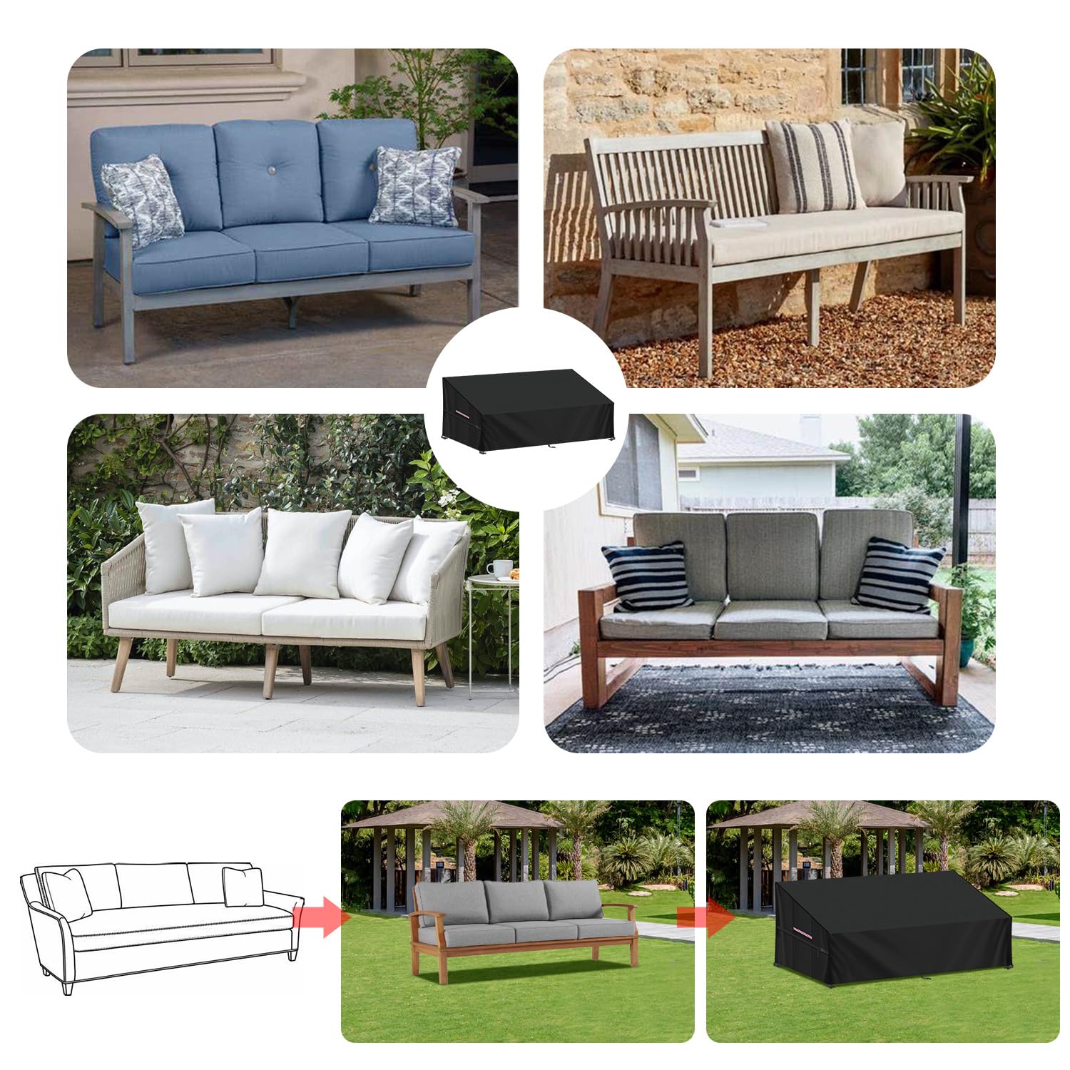 LAMUNI Gartensofa Abdeckung 3-Sitzer Lounge Sofa Schutzhülle für Loungemöbel Wasserdicht Gartencouch Abdeckhaube für 3 Sitzer Gartenbank Abdeckplane Outdoor Sofa Abdeckung, 205x85x80/40cm