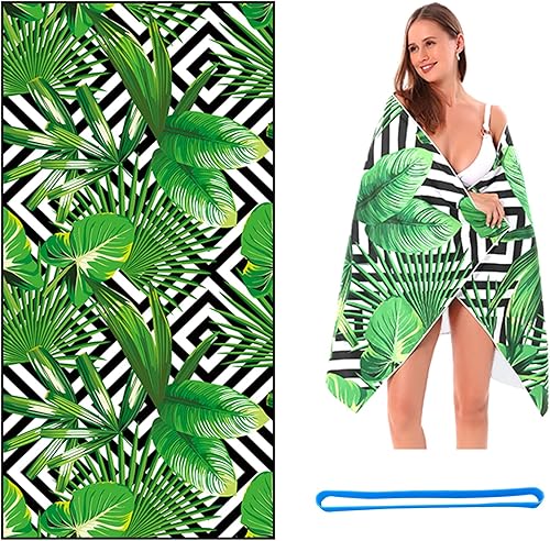 Toalla de playa absorbente de microfibra de secado rápido, toallas con estampado de plantas verdes tropicales, tamaño de 30 x 60 pulgadas, para