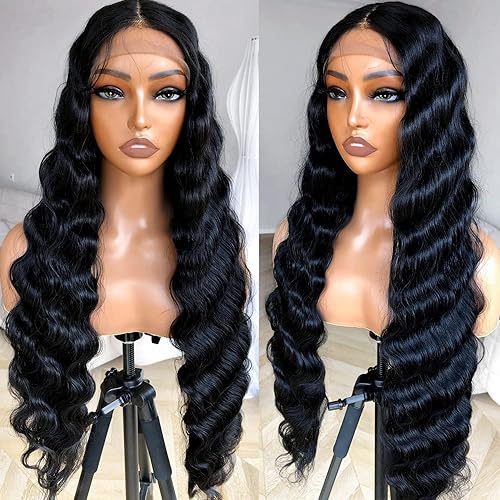 Miniatura 4 de BlackSwern Pelucas de encaje frontal de 30 pulgadas rubio miel, pelucas de encaje frontal de onda profunda, pelucas de cabello rizado sin pegamento,