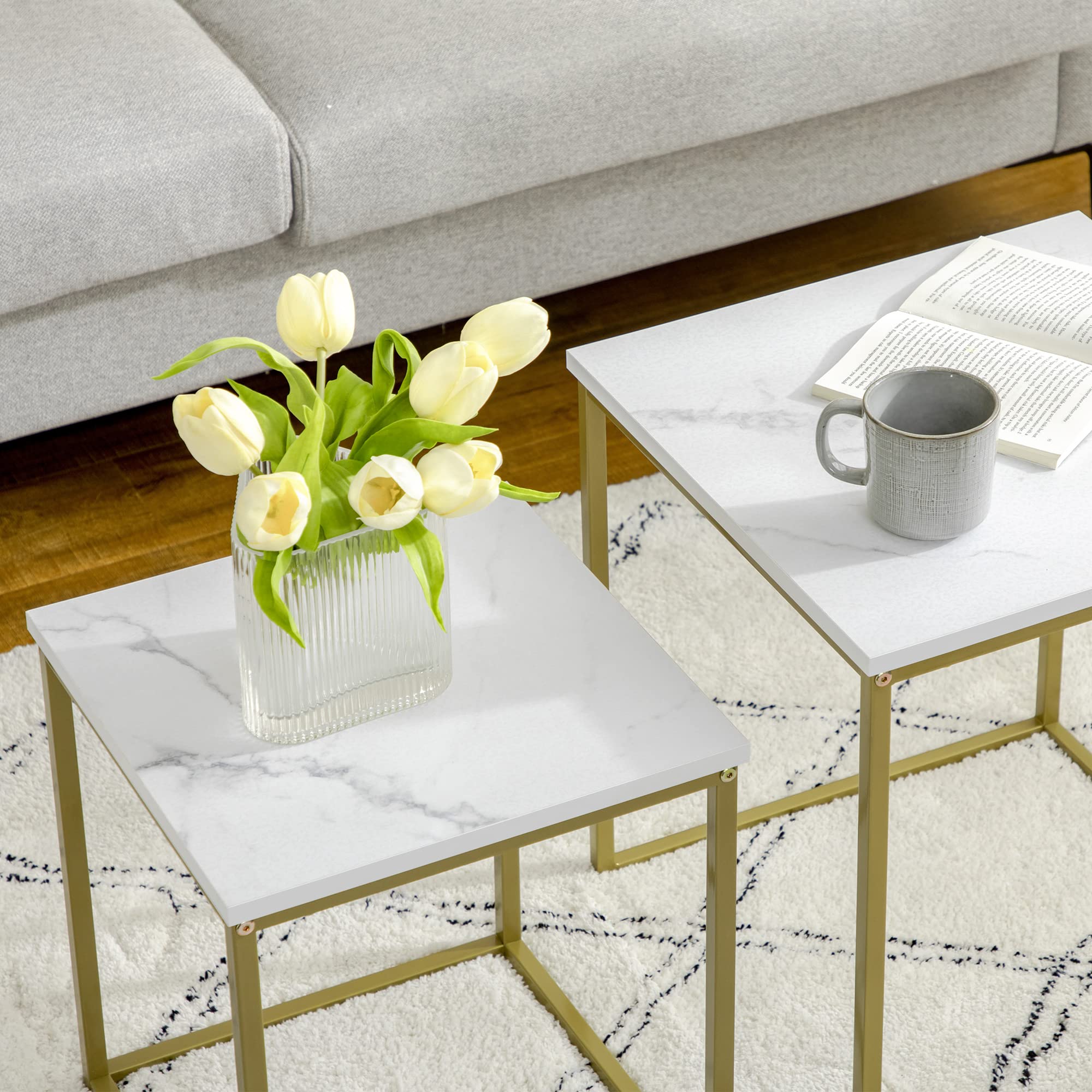 HOMCOM Lot de 2 Tables Basses gigognes Tables carrées Plateau Blanc Aspect marbre et Pied en Acier doré