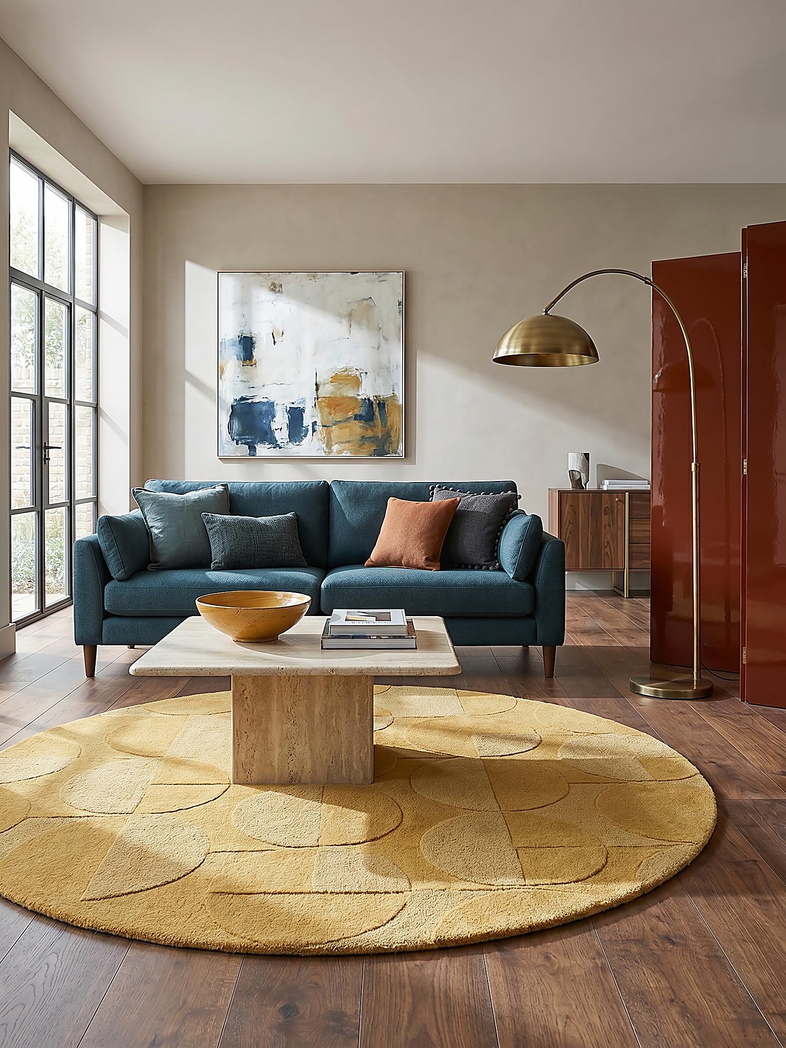 Tapis en Laine Motif Géométrique Dense et Robuste Jaune Moutarde Ø 160 cm Rond Salle à Manger | DEBEN