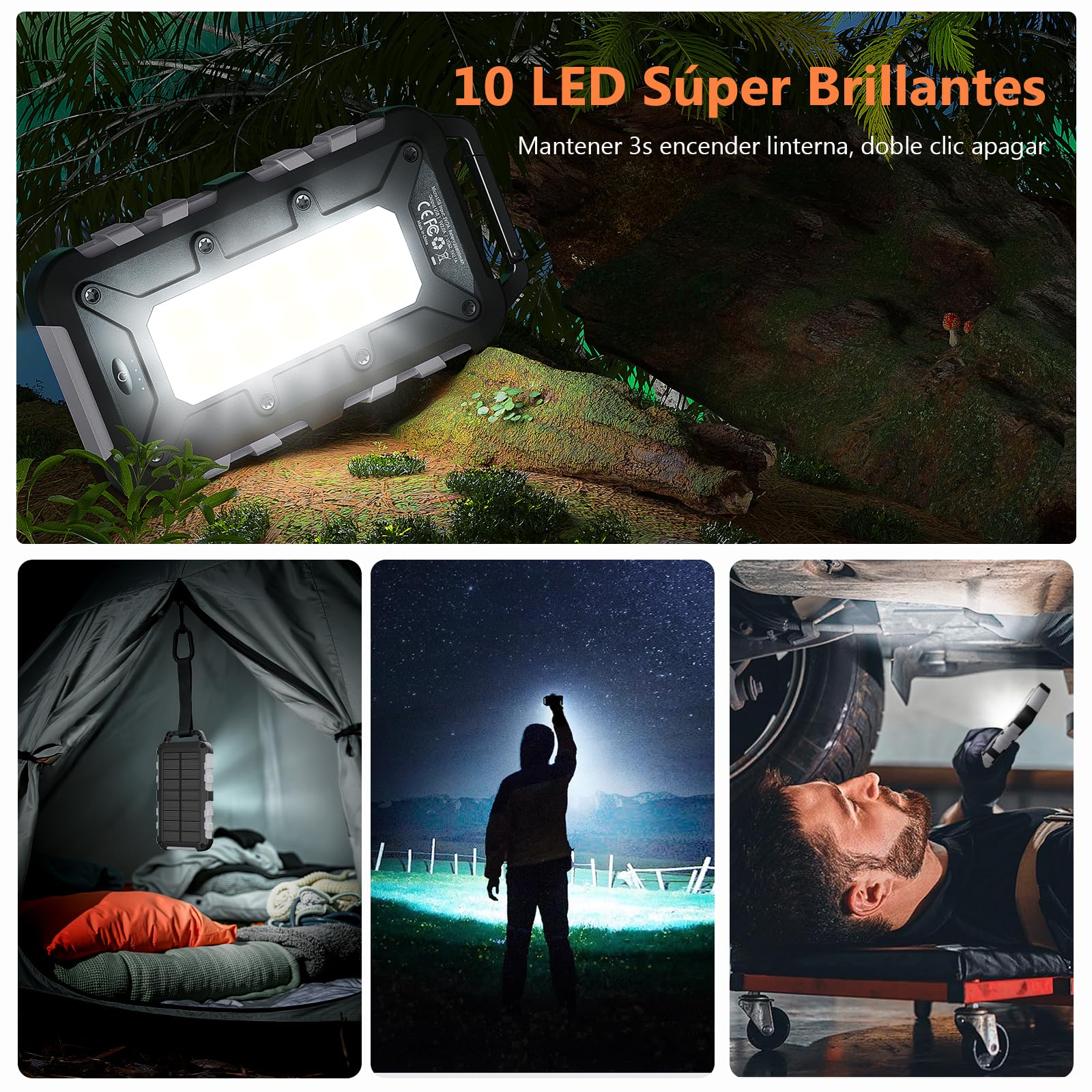 Cargador Solar 10000mAh, Power Bank Solar Batería Externa Portátil PD22.5W USB C Carga Rápida Impermeable 3 Salidas y 2 Entradas con Linterna LED para Moviles Tabletas Etc.